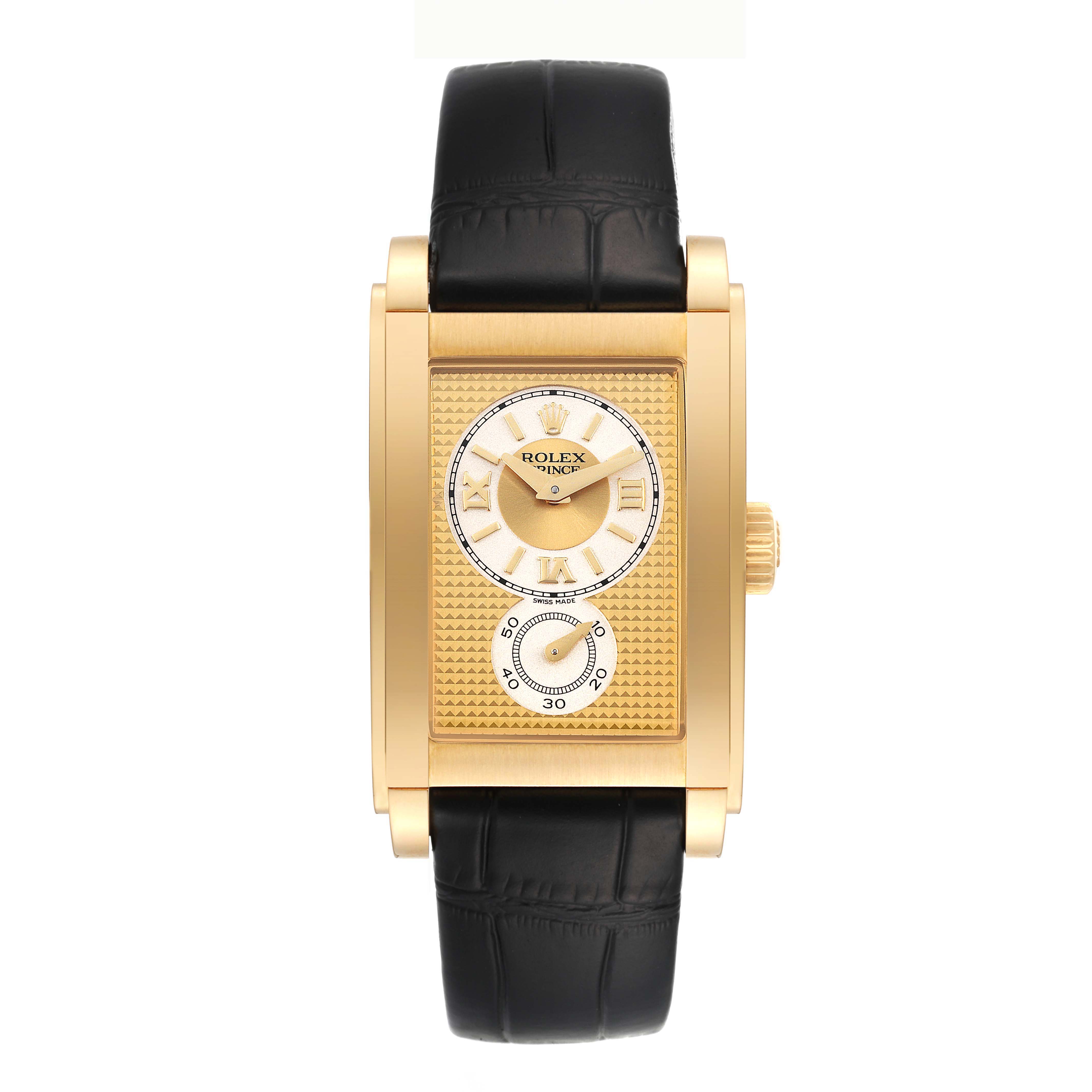 This image shows the Rolex Cellini 5440/8 Men's Yellow Gold Champagne Dial 5440/8 Men's Yellow Gold Champagne Dial model watch face and black leather strap from a front angle.