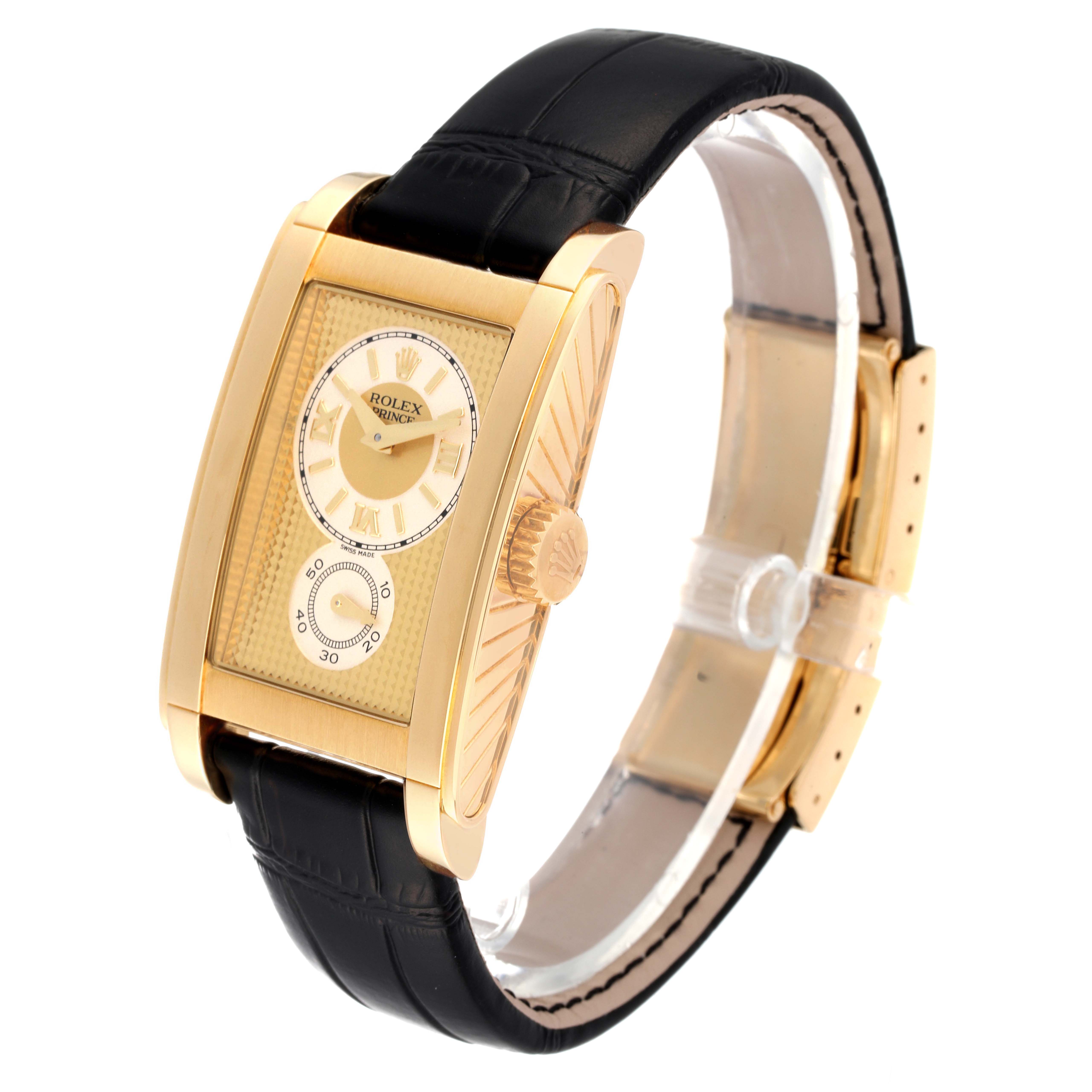 The image shows a Rolex Cellini 5440/8 Men's Yellow Gold Champagne Dial 5440/8 Men's Yellow Gold Champagne Dial watch at a side angle displaying its gold rectangular case, dial, crown, and black leather strap.
