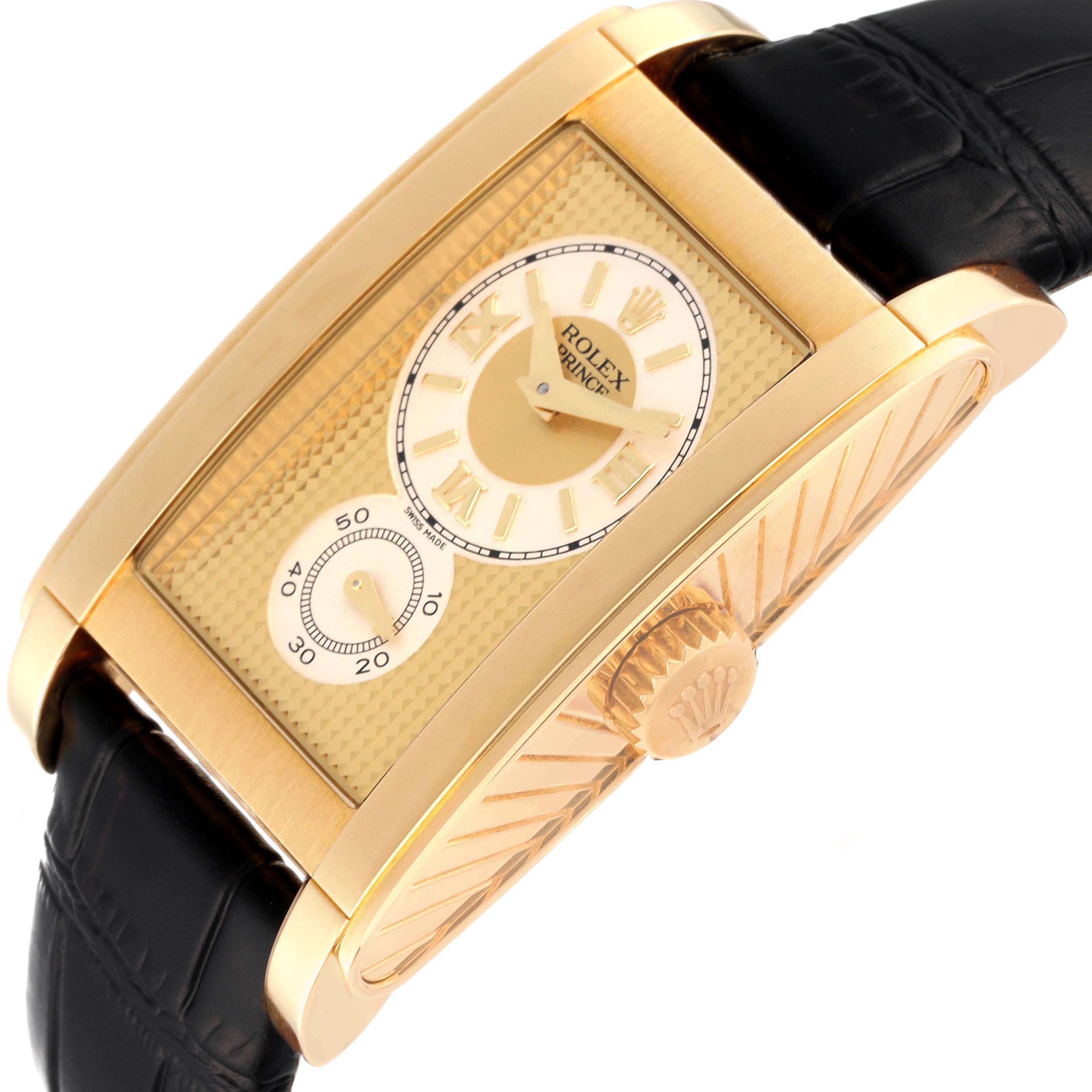 This image shows a Rolex Cellini 5440/8 Men's Yellow Gold Champagne Dial 5440/8 Men's Yellow Gold Champagne Dial watch from a slight side angle, highlighting its rectangular face, crown, and black leather strap.