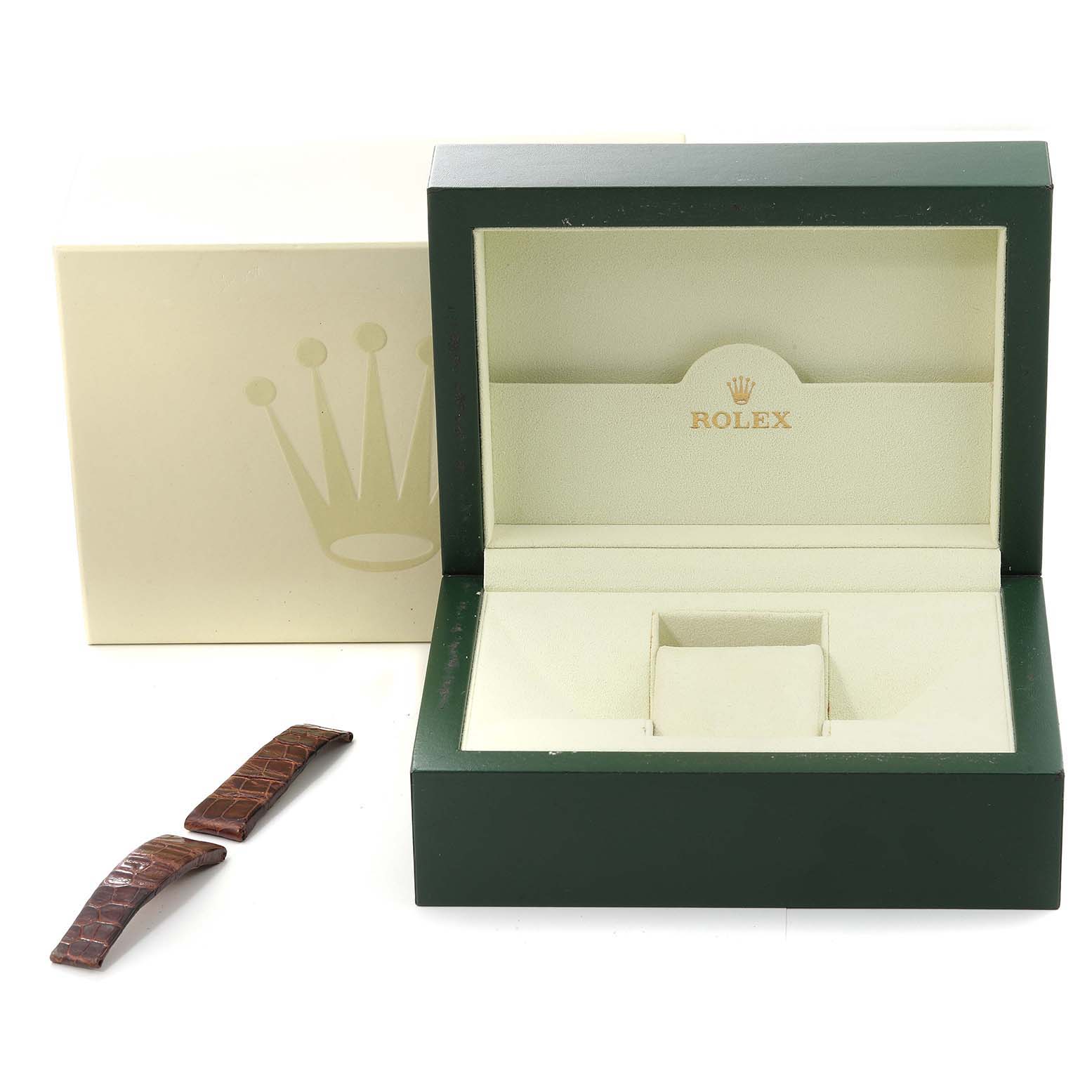 The image shows an open Rolex Cellini 5440/8 Men's Yellow Gold Champagne Dial 5440/8 Men's Yellow Gold Champagne Dial watch box and two replacement watch straps.
