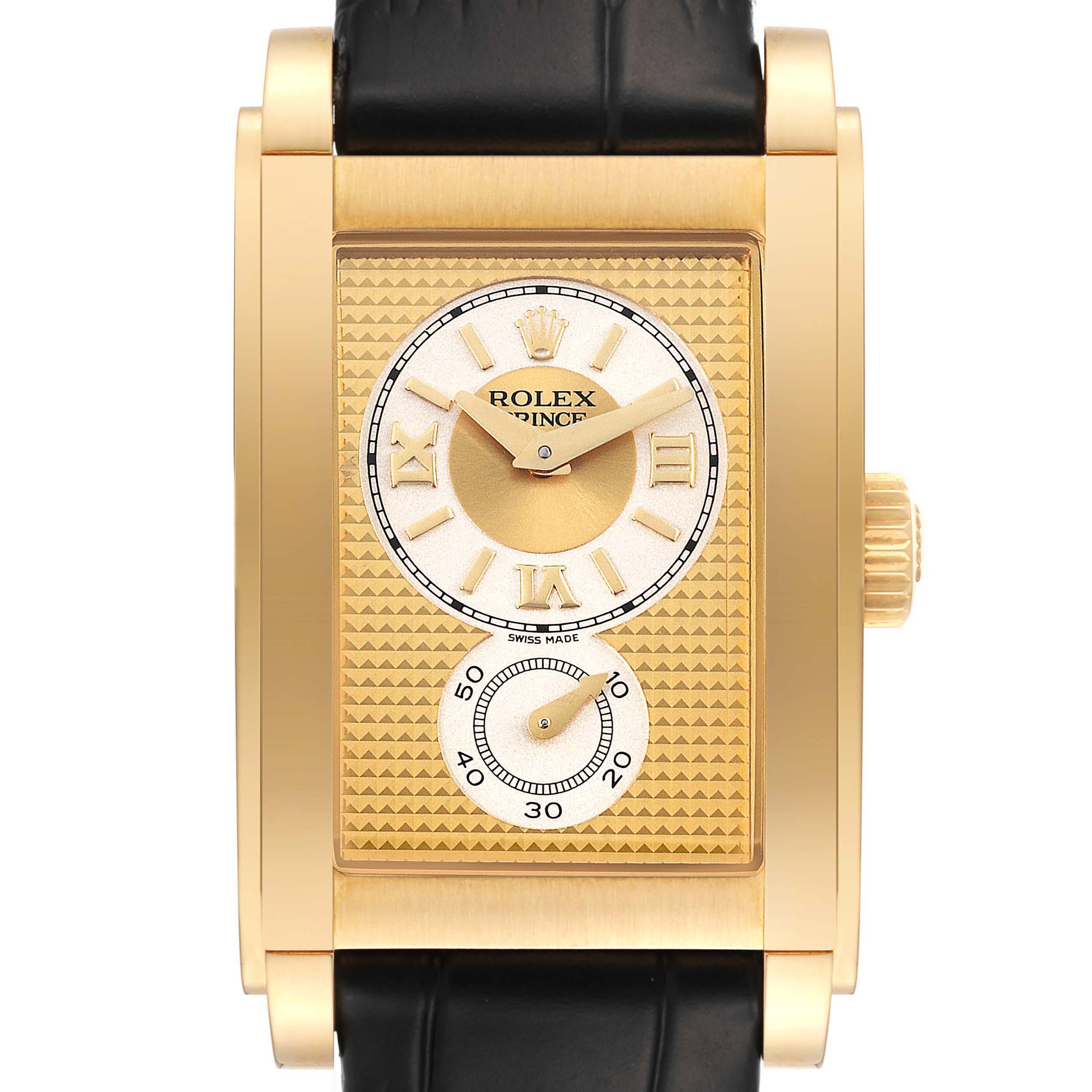 This image shows a close-up, front view of a Rolex Cellini 5440/8 Men's Yellow Gold Champagne Dial 5440/8 Men's Yellow Gold Champagne Dial model watch, highlighting its gold case, dial, and black leather strap.