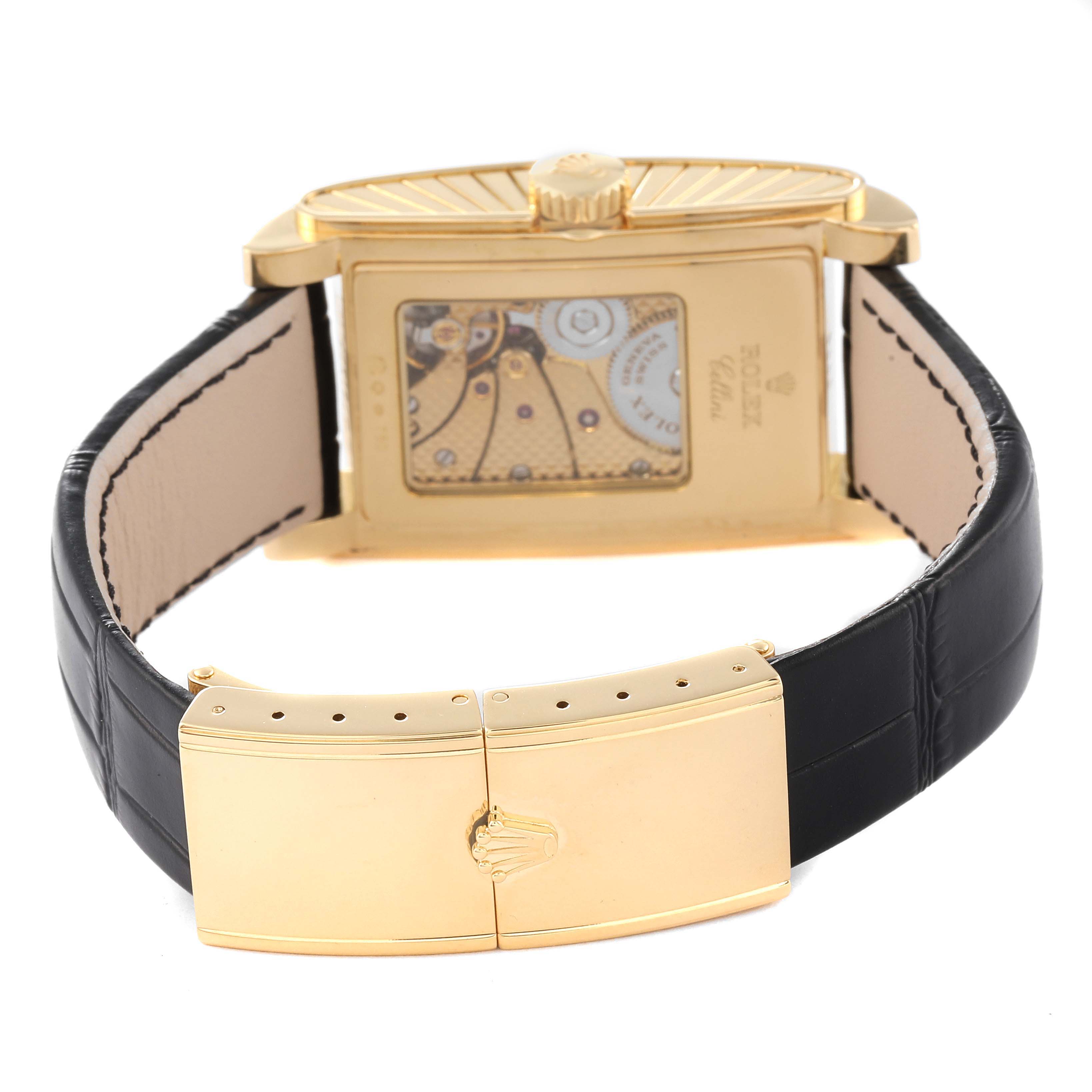 The image shows the back and side view of the Rolex Cellini 5440/8 Men's Yellow Gold Champagne Dial 5440/8 Men's Yellow Gold Champagne Dial watch, highlighting its caseback and leather strap with a gold clasp.