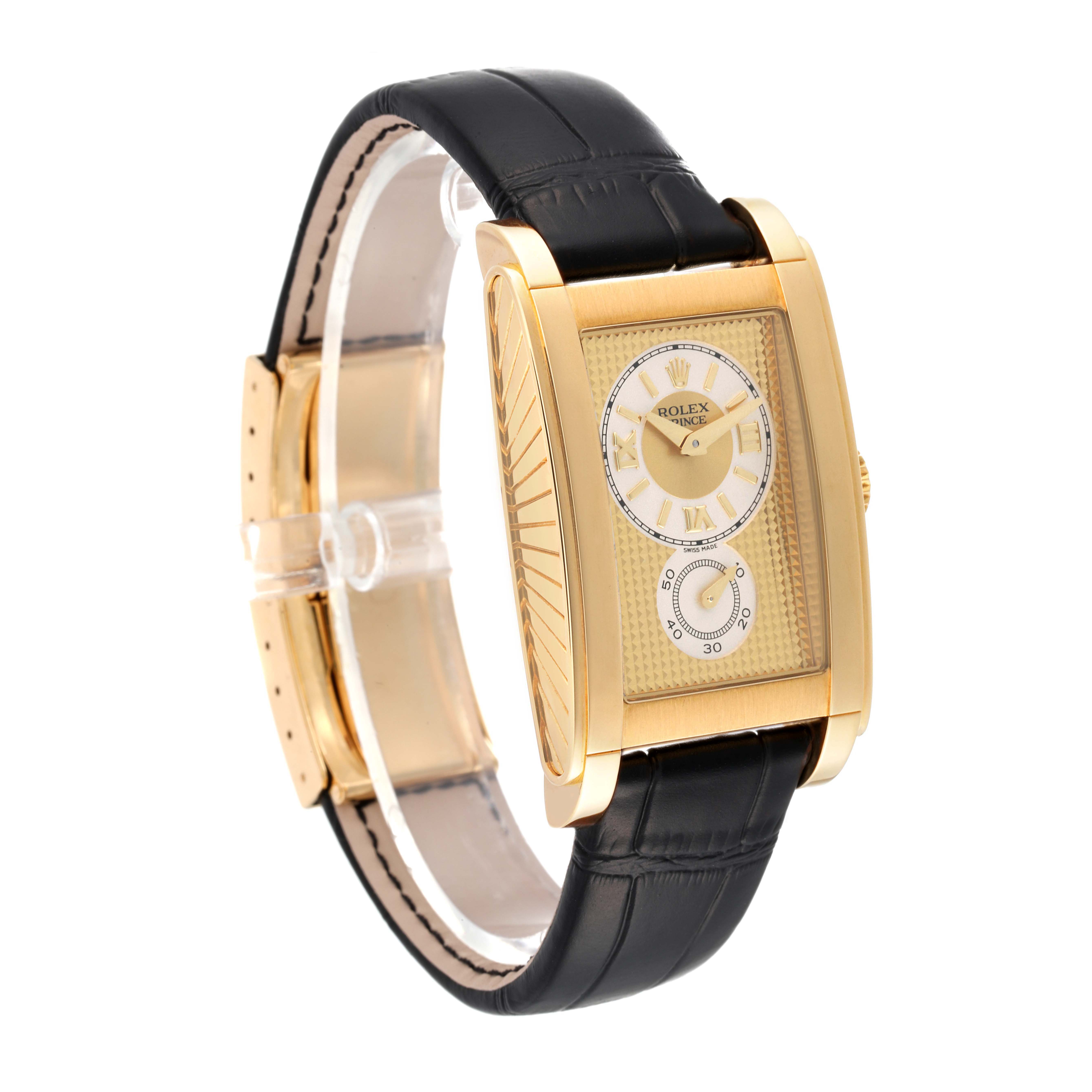 The Rolex Cellini 5440/8 Men's Yellow Gold Champagne Dial 5440/8 Men's Yellow Gold Champagne Dial watch is shown at an angled side view, highlighting its rectangular gold case and black leather strap.