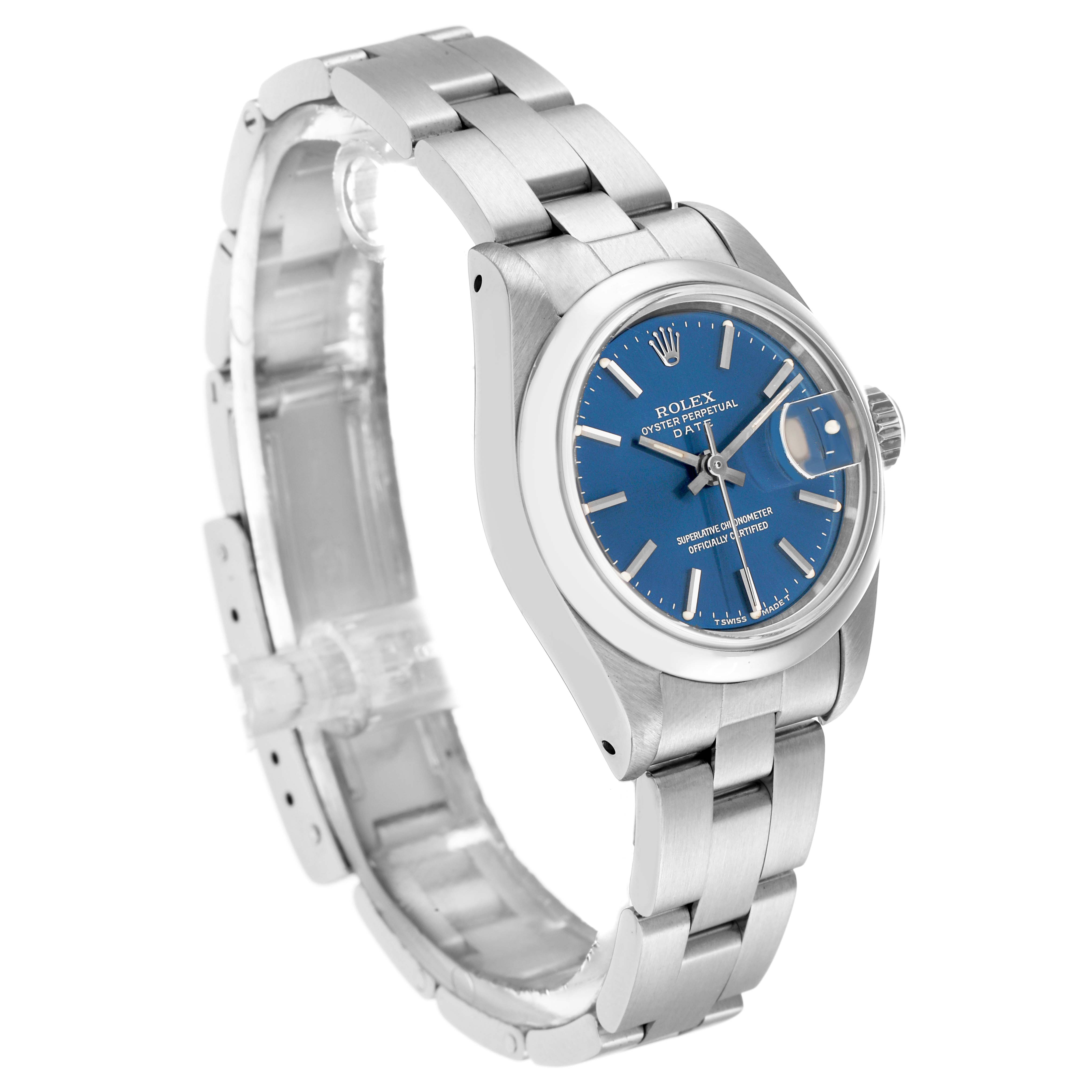 The Rolex Date 69160 Women
s Stainless Steel Blue Dial model watch is shown at a three-quarter angle, highlighting the blue dial, bracelet, and crown.