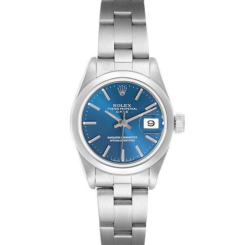 The image shows a frontal view of the Rolex Date model 69160 men's watch, displaying the blue dial, hour markers, hands, date window, and stainless steel bracelet.