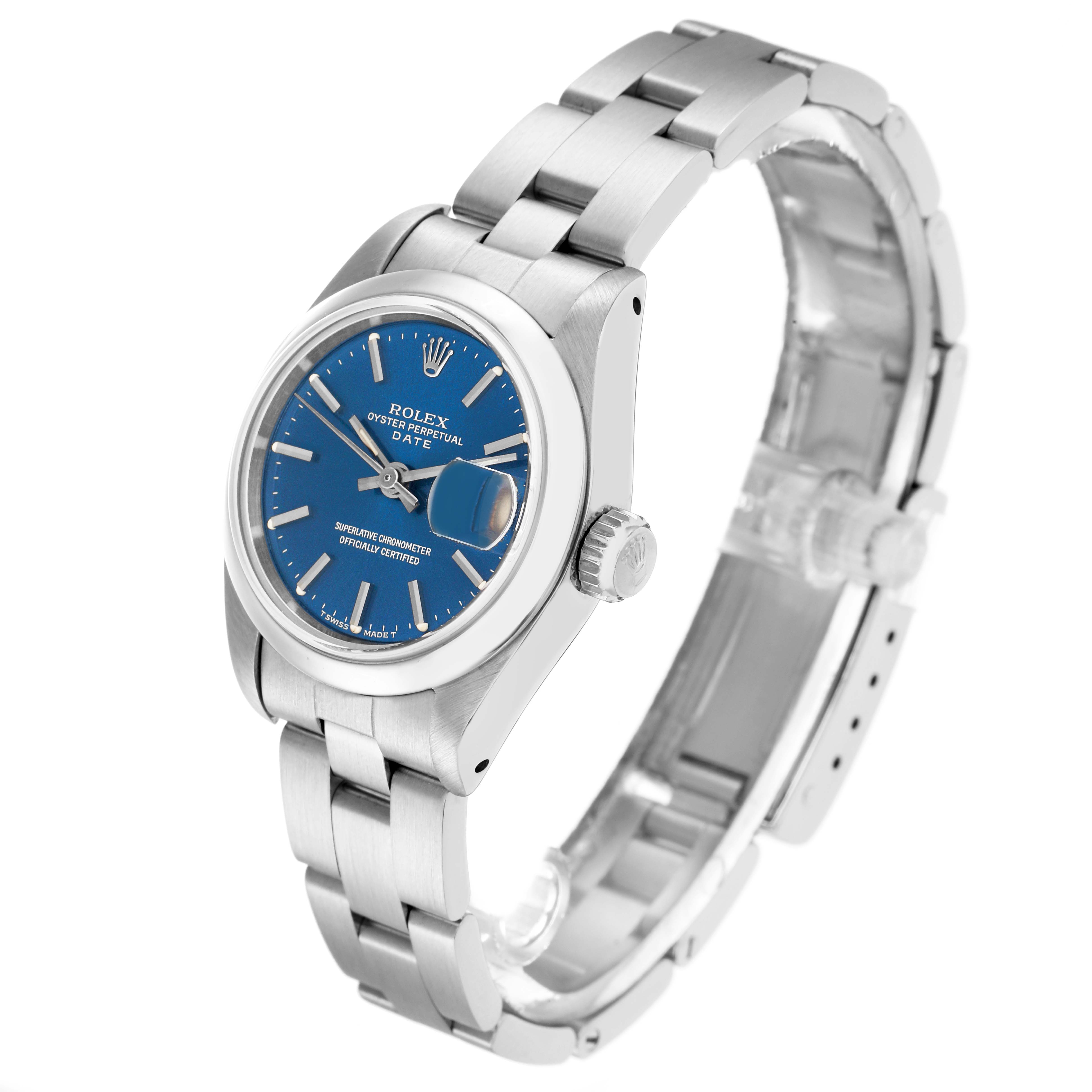 The Rolex Date 69160 Women
s Stainless Steel Blue Dial watch is shown at a three-quarter angle, highlighting the face, bezel, crown, and bracelet.