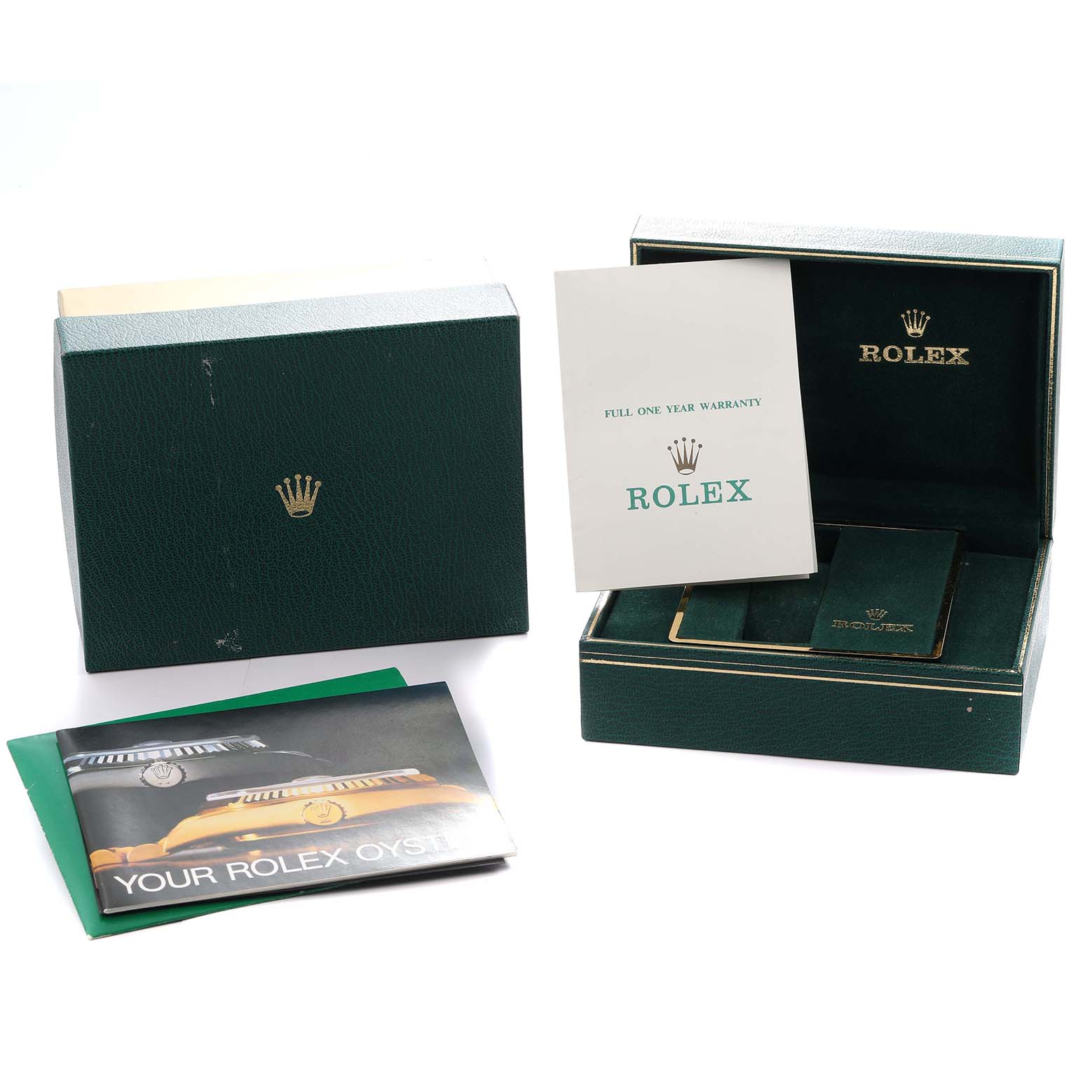 The image shows the packaging and accessories for a Rolex Date 69160 Women
s Stainless Steel Blue Dial model, including boxes, warranty card, and booklet.