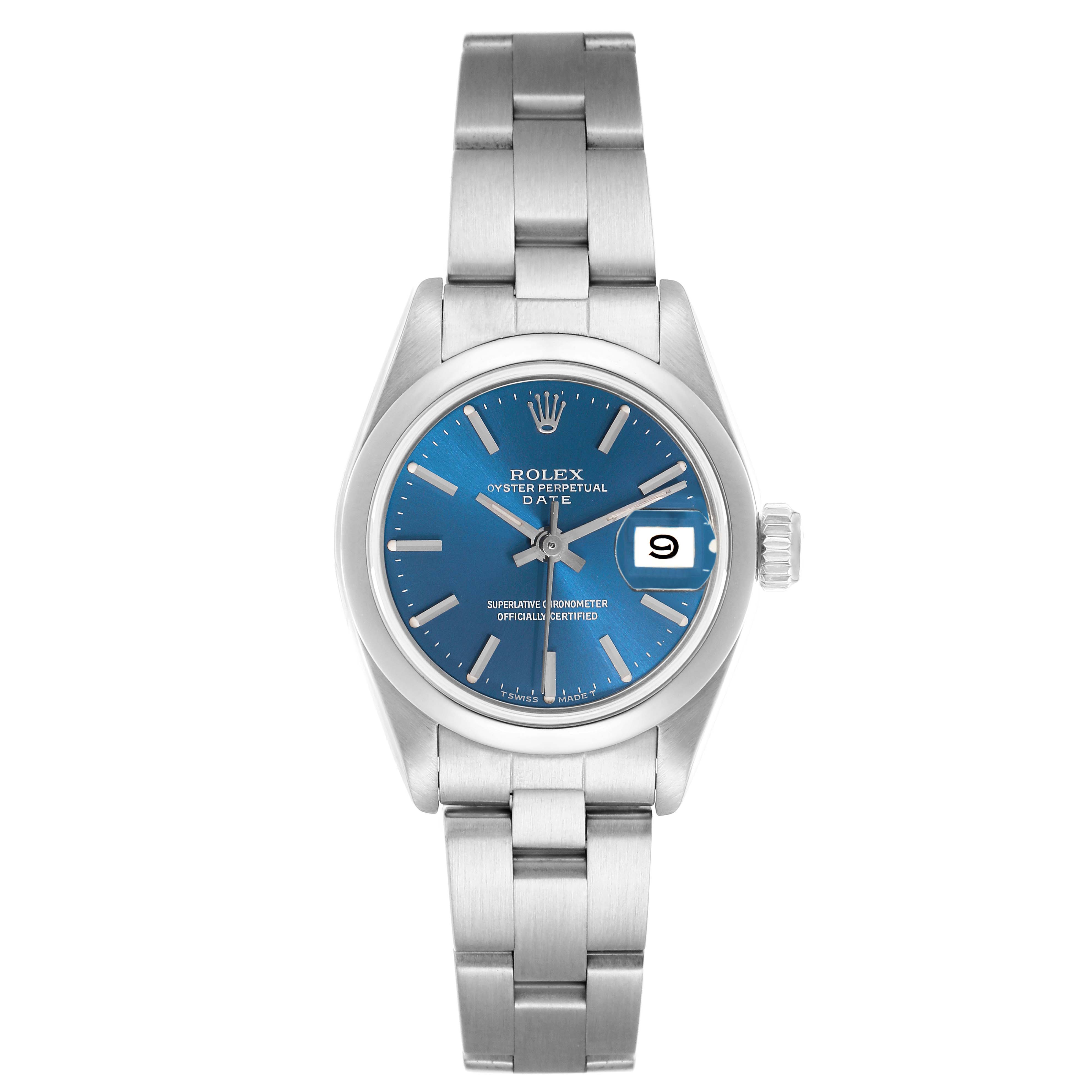 The Rolex Date 69160 Women
s Stainless Steel Blue Dial watch is shown from a front angle, displaying the dial, bracelet, and date magnification.