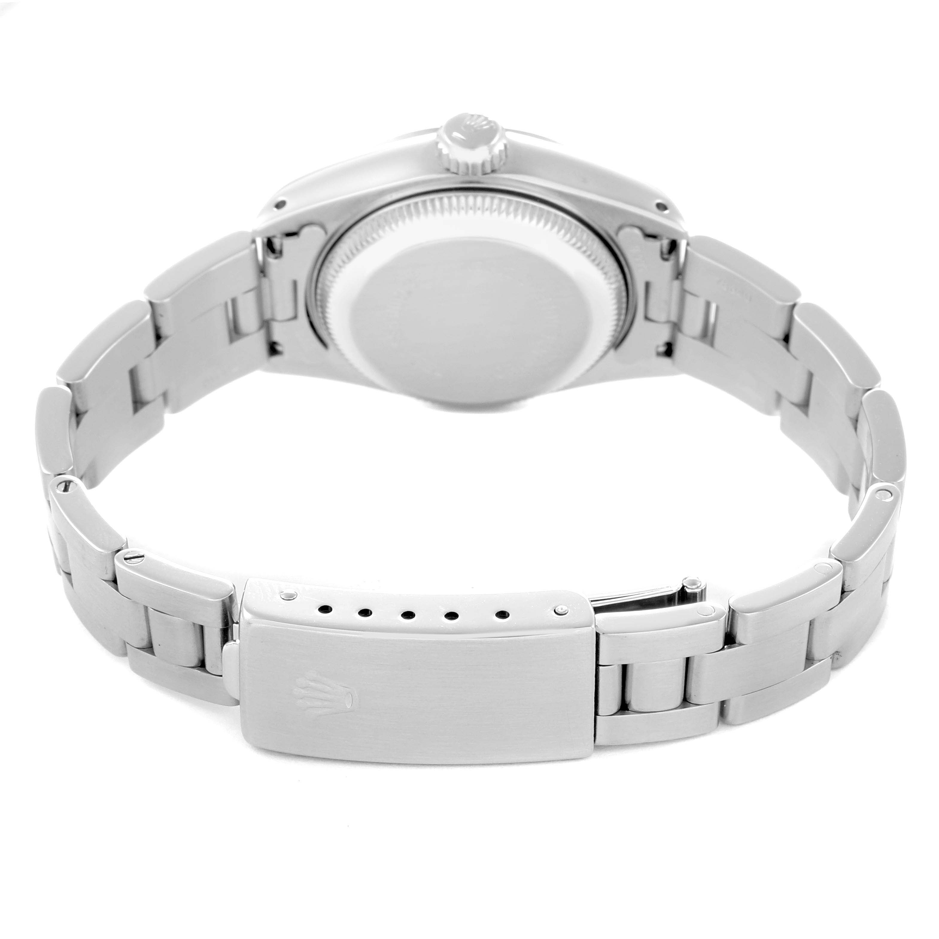 The image shows the back view of a Rolex Date 69160 Women
s Stainless Steel Blue Dial model, highlighting the clasp, bracelet, and case back.