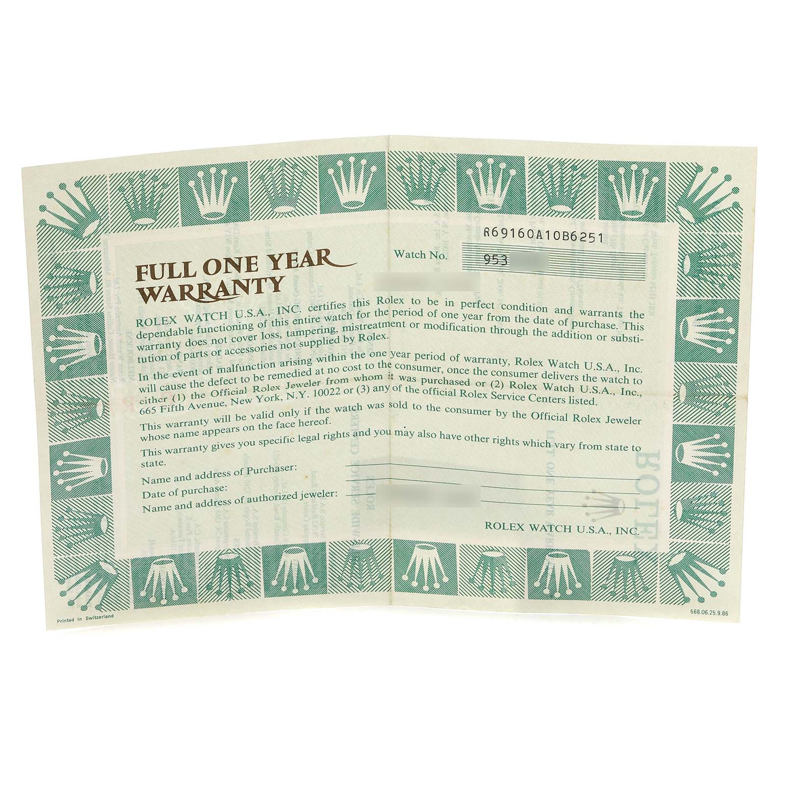 The image shows a full one-year warranty certificate for a Rolex Date 69160 Women
s Stainless Steel Blue Dial model watch, featuring text and logo details.