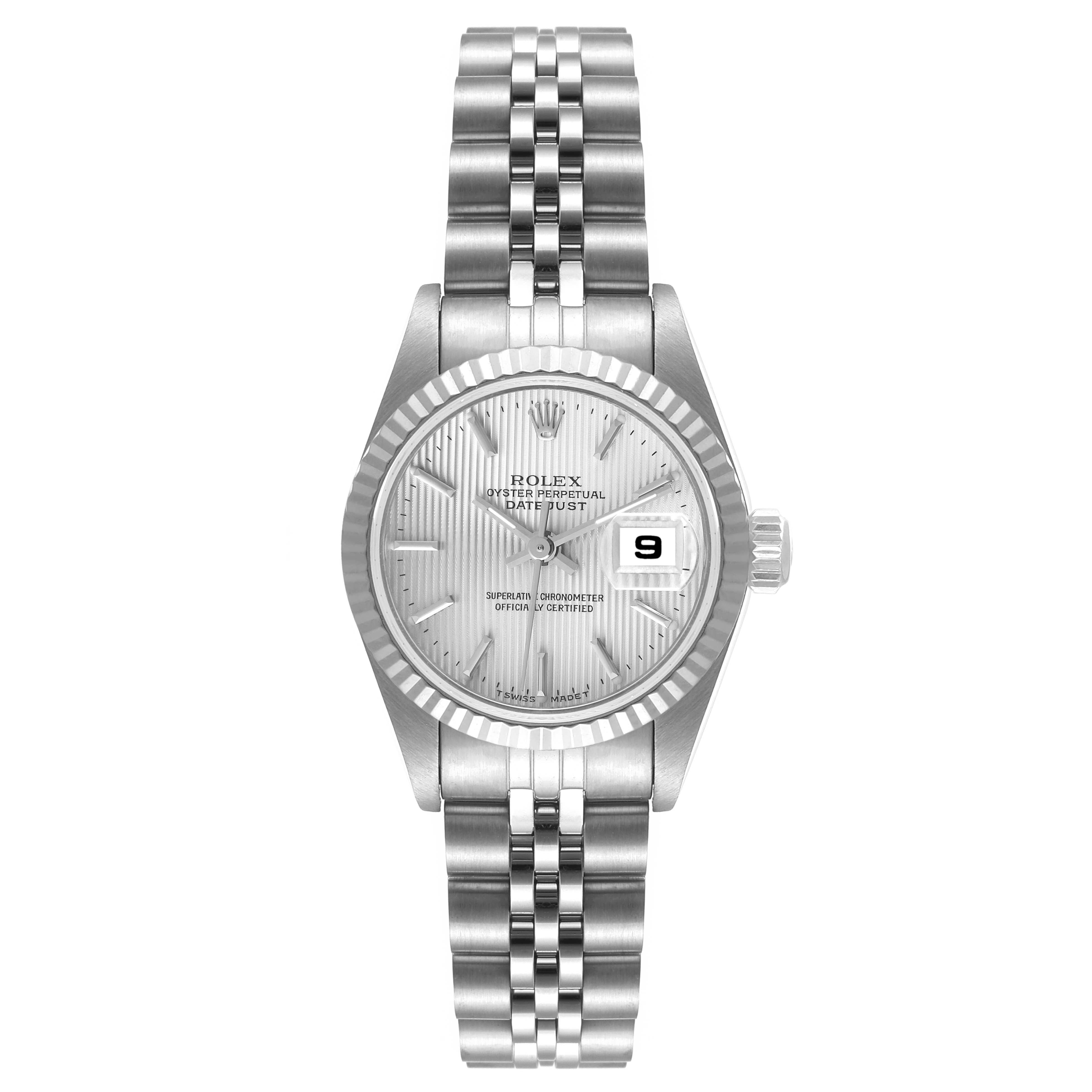 The Rolex Datejust 79174 Women's Stainless Steel Silver Dial 79174 Women's Stainless Steel Silver Dial watch is shown from a top-down angle, displaying the dial, bezel, and bracelet.