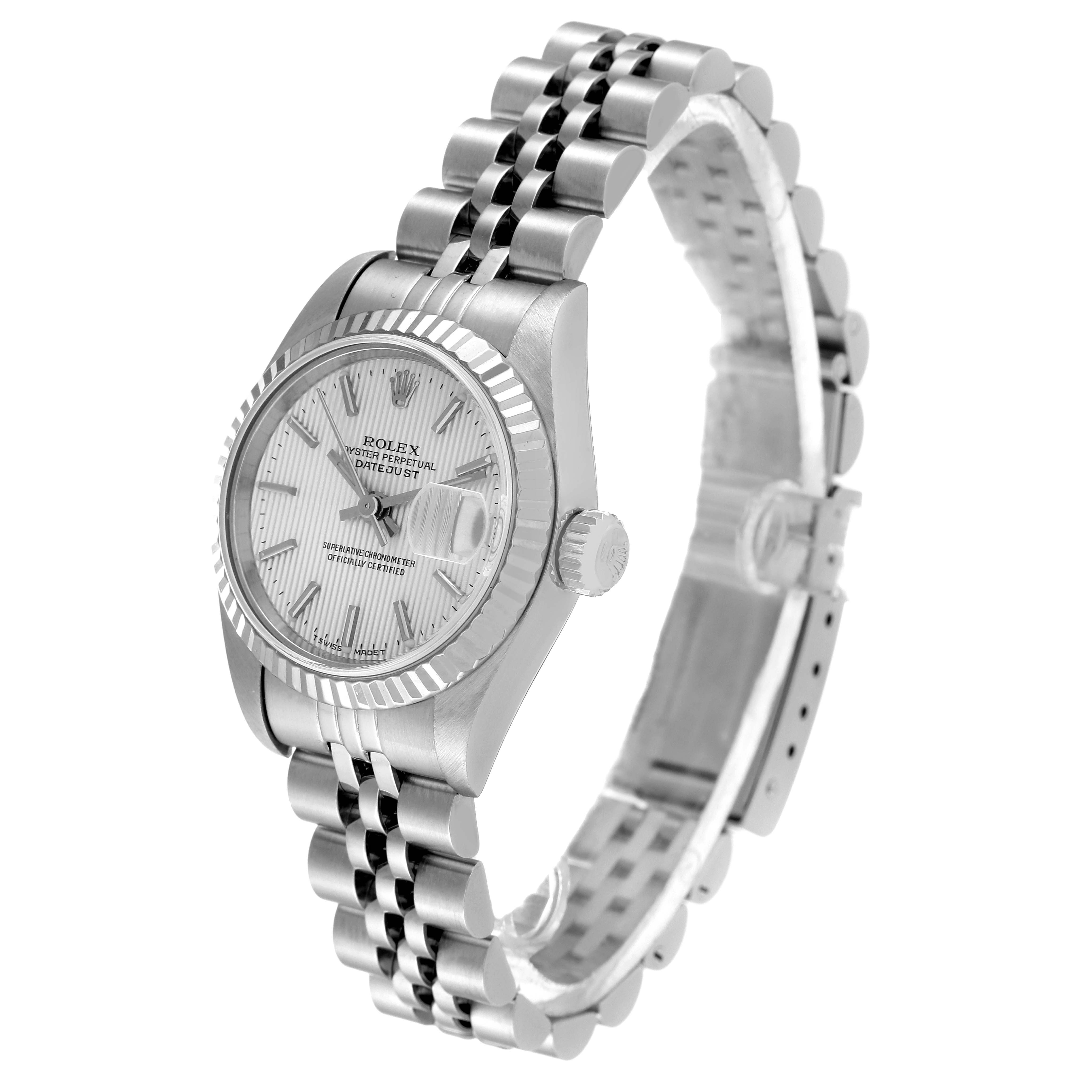 The image shows a Rolex Datejust 79174 Women's Stainless Steel Silver Dial 79174 Women's Stainless Steel Silver Dial watch, angled from the front and left side, displaying the face, bezel, crown, and bracelet.