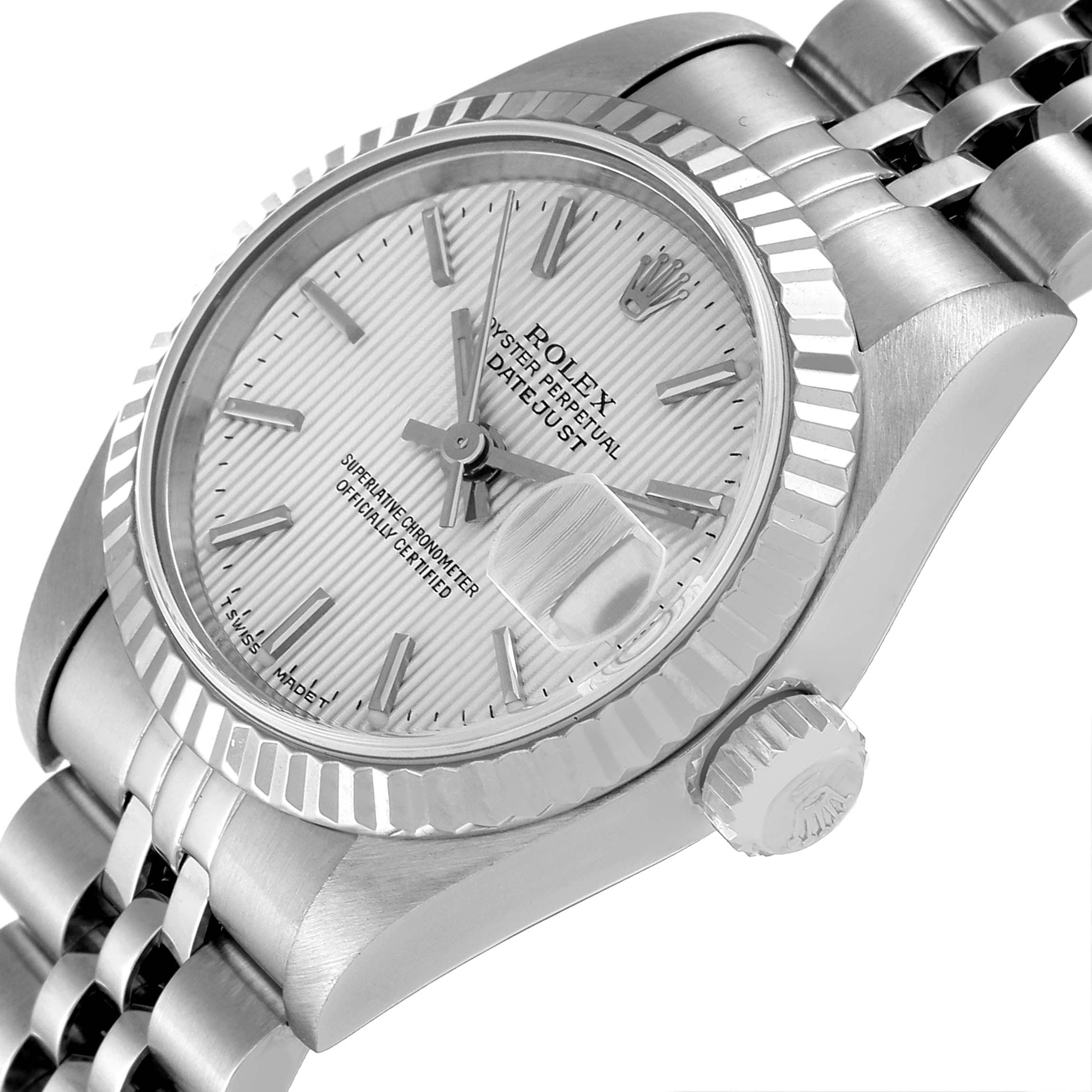 The image shows a close-up, angled view of the Rolex Datejust 79174 Women's Stainless Steel Silver Dial 79174 Women's Stainless Steel Silver Dial watch face, bezel, and part of the bracelet.