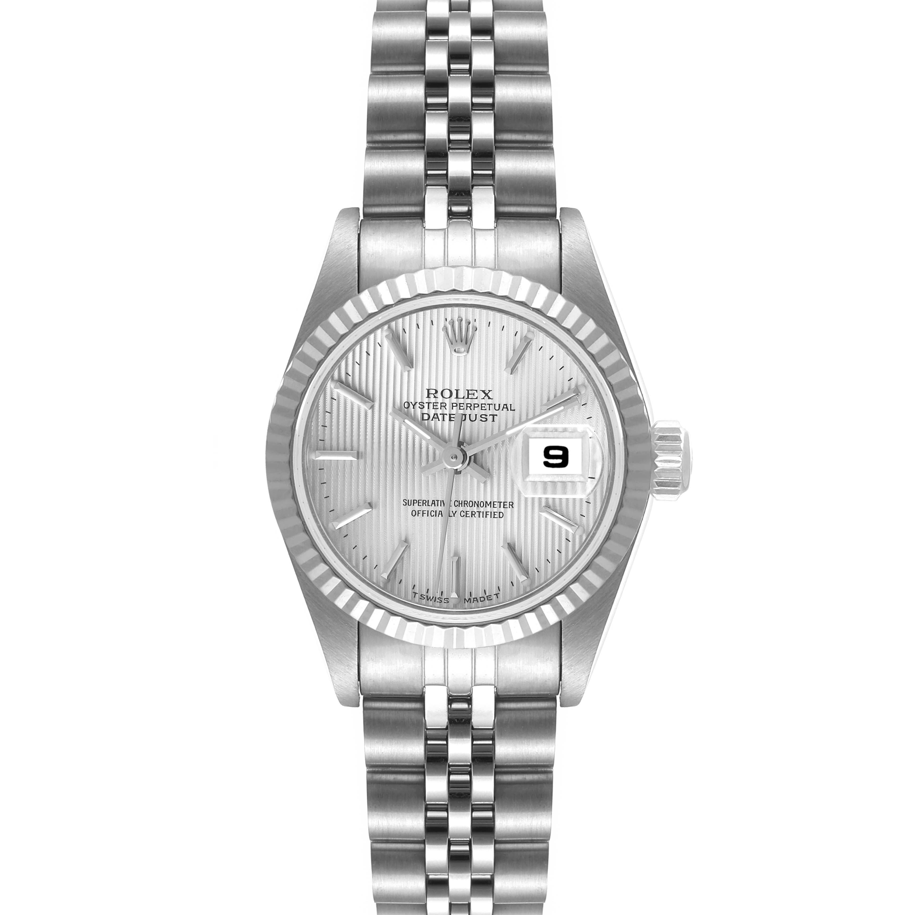 The image shows a frontal view of a Rolex Datejust 79174 Women's Stainless Steel Silver Dial 79174 Women's Stainless Steel Silver Dial watch, displaying its face, bezel, and bracelet.