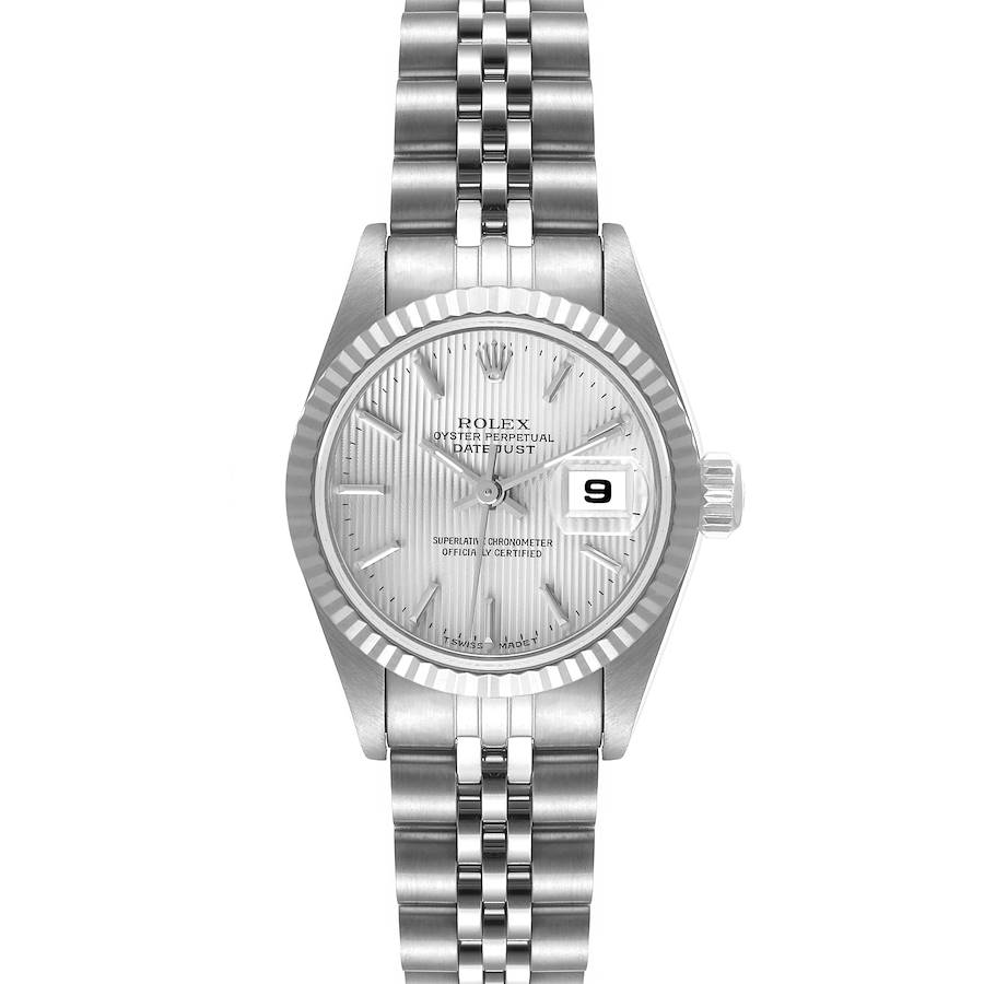 The image shows a frontal view of a Rolex Datejust watch, displaying its face, bezel, and bracelet.