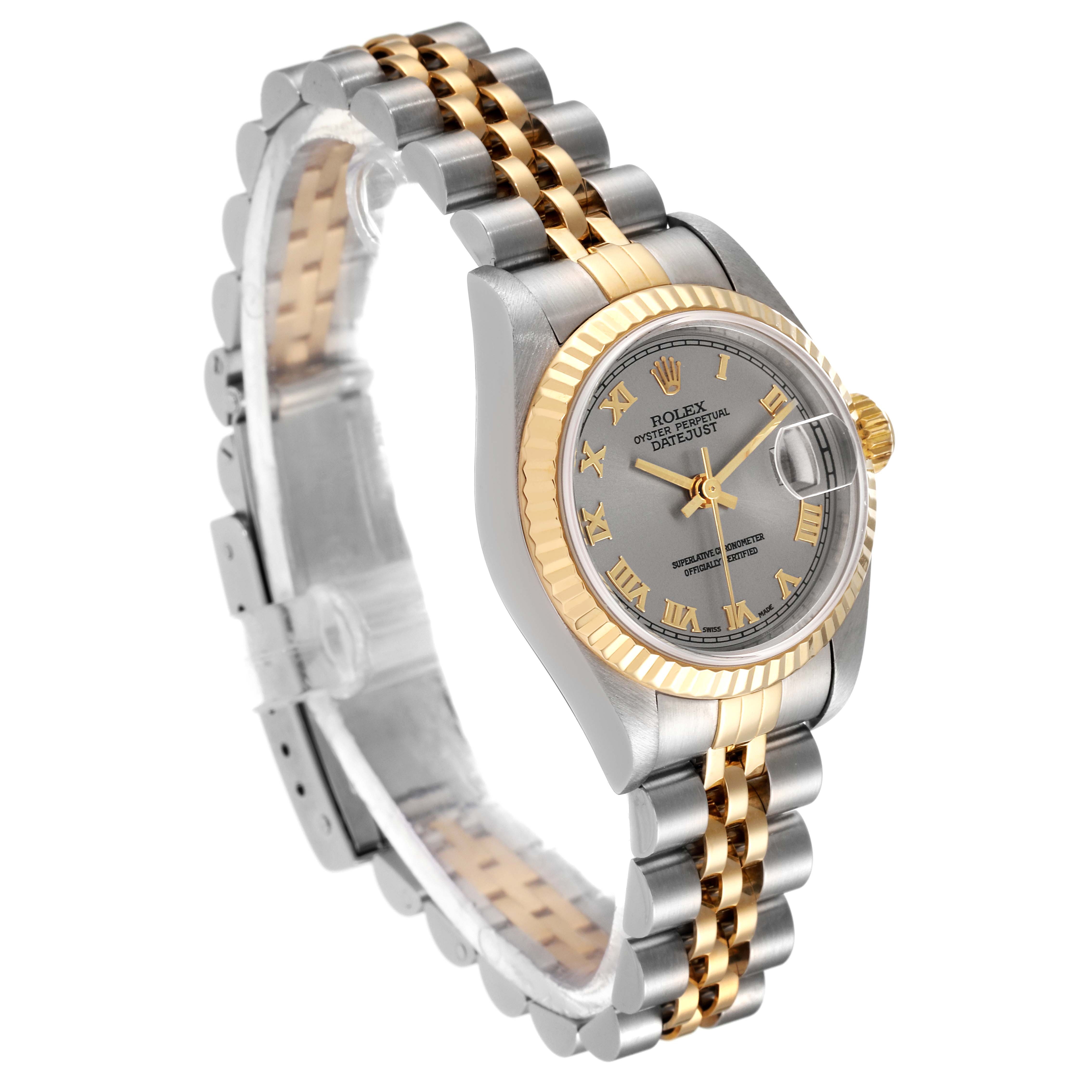 The image shows a Rolex Datejust 79173 Women
s Steel and Gold (two tone) Grey Dial 79173 Women
s Steel and Gold (two tone) Grey Dial watch at an angled side view, highlighting the dial, case, and two-tone bracelet.