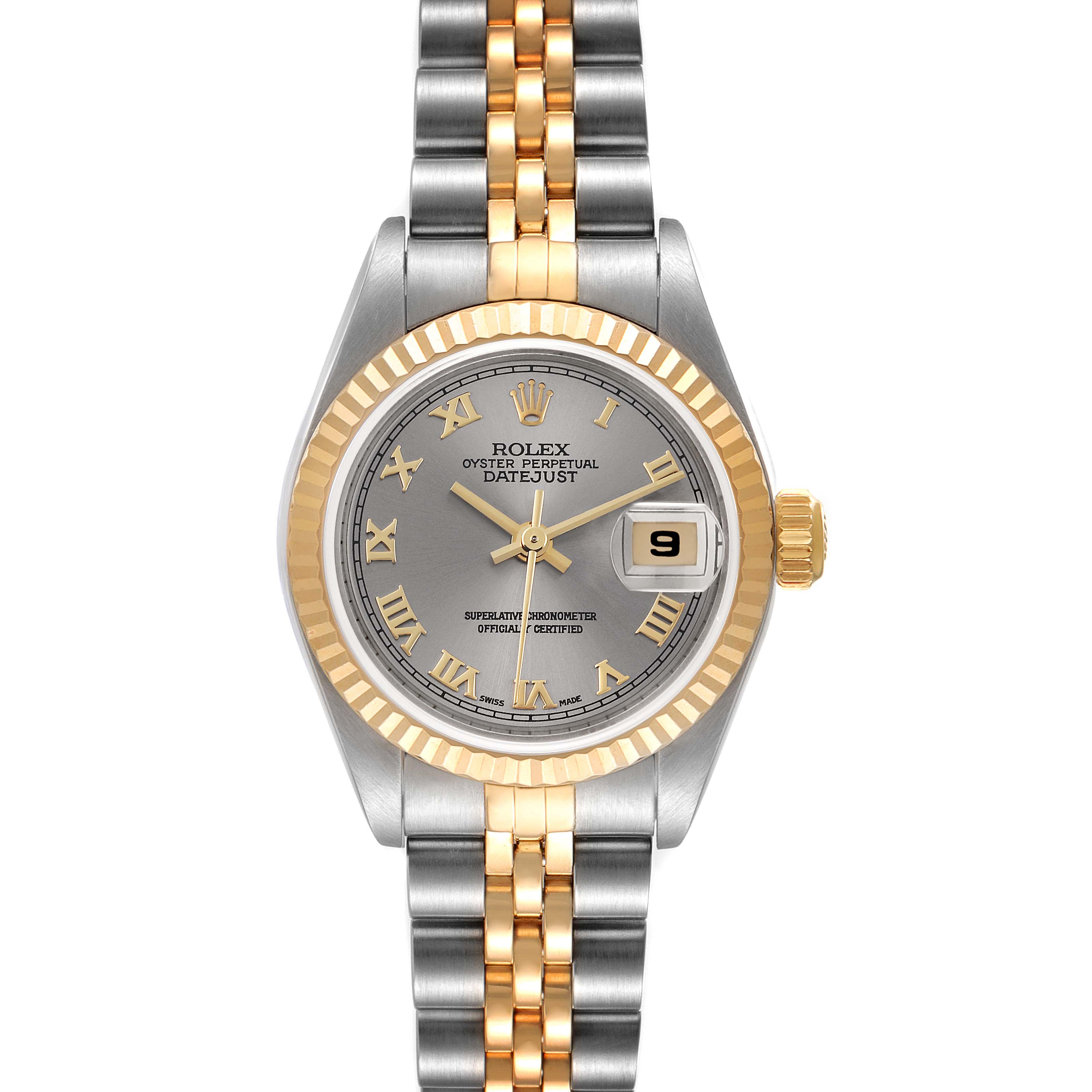 The image shows a front view of a Rolex Datejust 79173 Women
s Steel and Gold (two tone) Grey Dial 79173 Women
s Steel and Gold (two tone) Grey Dial watch, highlighting its two-tone bracelet, grey dial, gold fluted bezel, and date window.