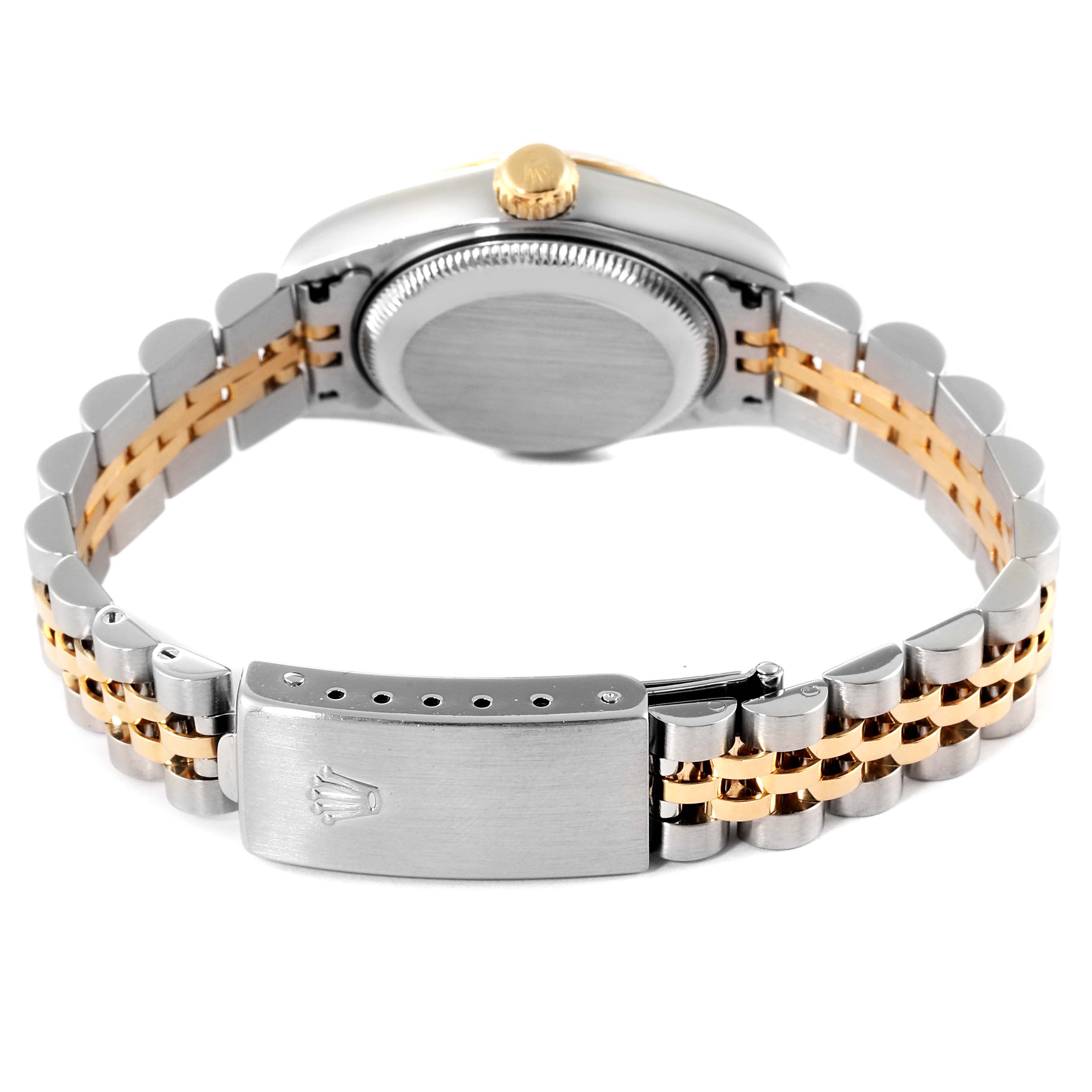 This image shows the back case and clasp of a Rolex Datejust 79173 Women
s Steel and Gold (two tone) Grey Dial 79173 Women
s Steel and Gold (two tone) Grey Dial watch, highlighting the two-tone bracelet and crown logo on the clasp.