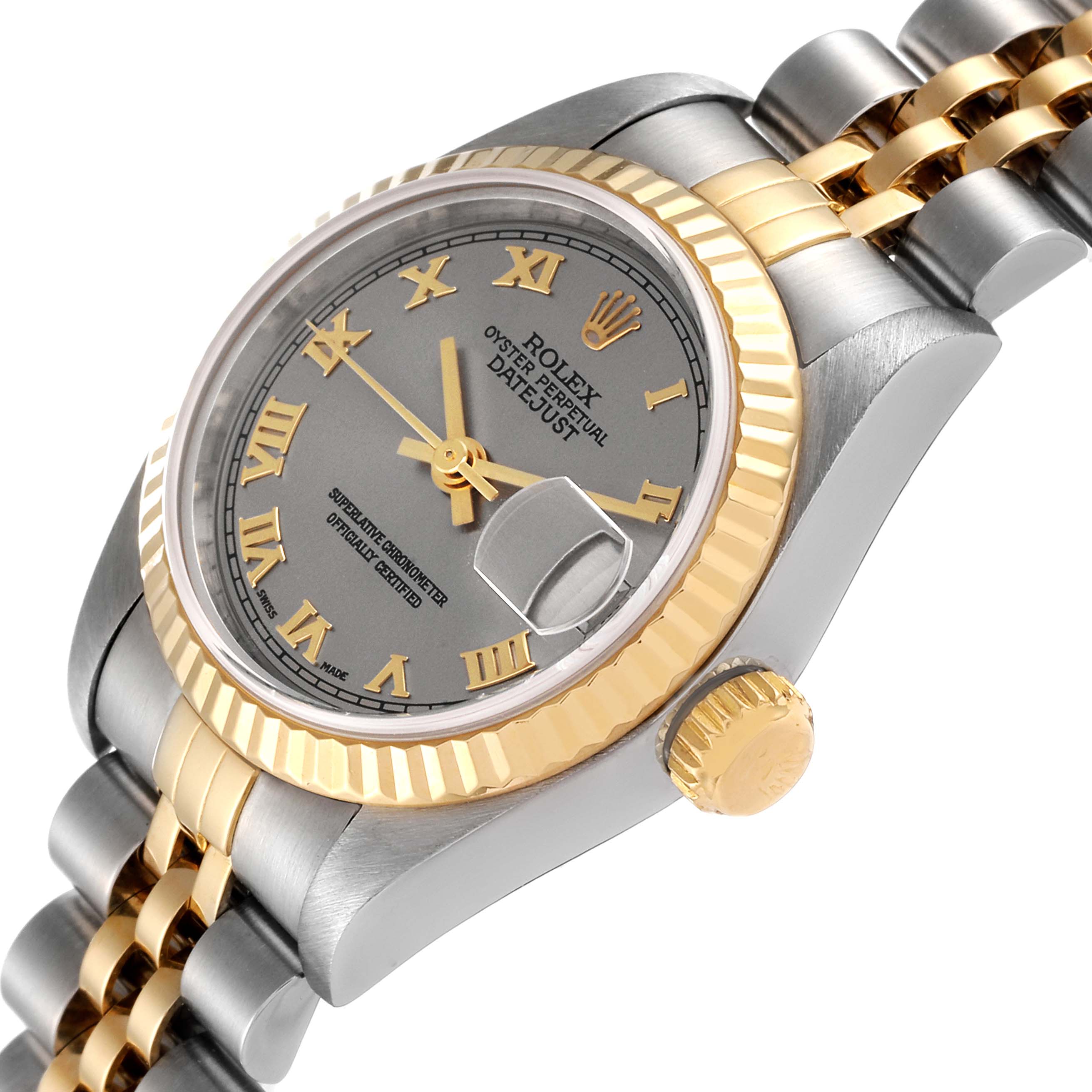 The Rolex Datejust 79173 Women
s Steel and Gold (two tone) Grey Dial 79173 Women
s Steel and Gold (two tone) Grey Dial watch is shown at an angled side view, displaying the dial, bezel, crown, and part of the bracelet.