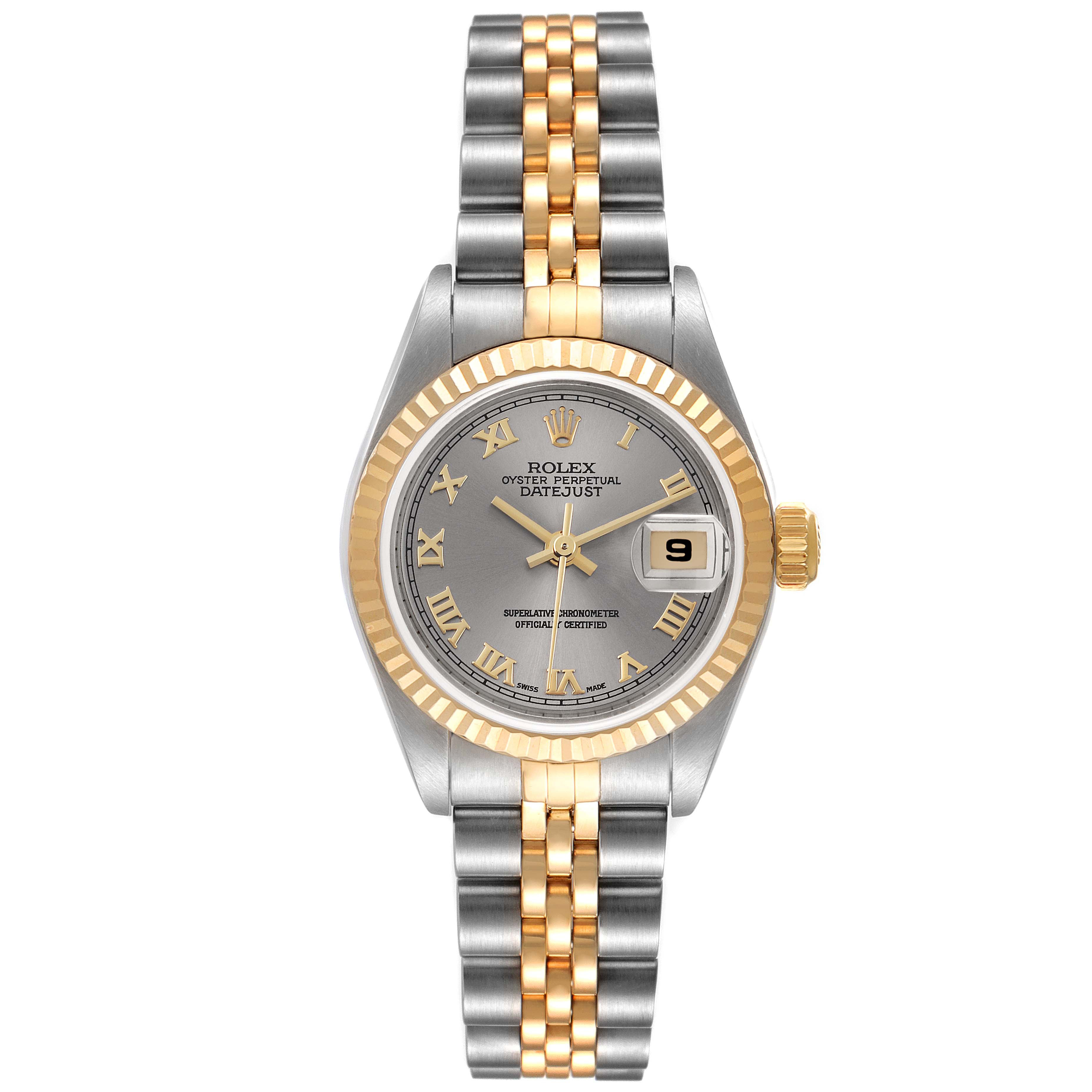 The image shows a Rolex Datejust 79173 Women
s Steel and Gold (two tone) Grey Dial 79173 Women
s Steel and Gold (two tone) Grey Dial watch from a front view, displaying the face, bracelet, bezel, and crown.