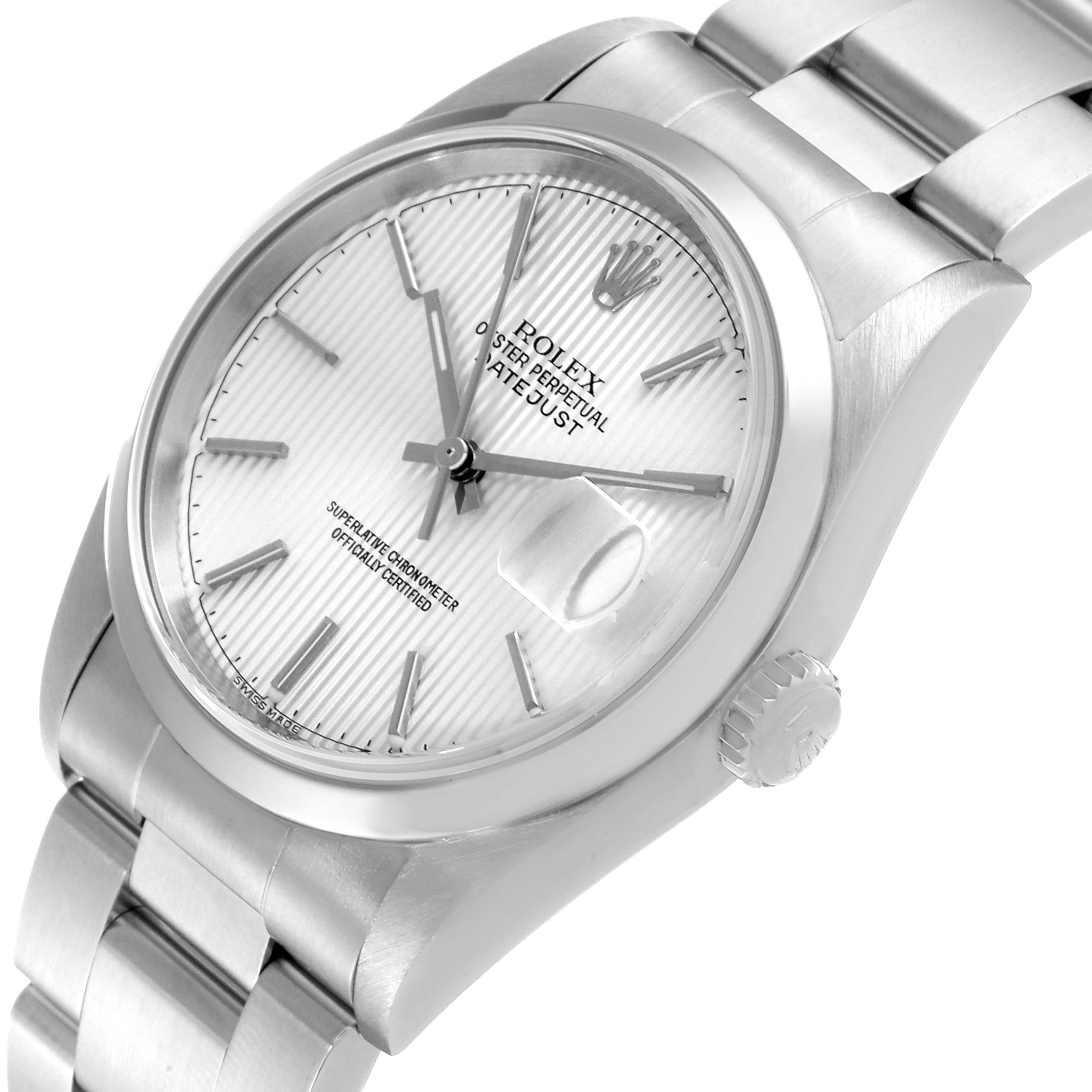 This close-up angled shot shows the dial, bezel, crown, and bracelet of the Rolex Datejust 16200 Men's Stainless Steel Silver Dial 16200 Men's Stainless Steel Silver Dial watch.
