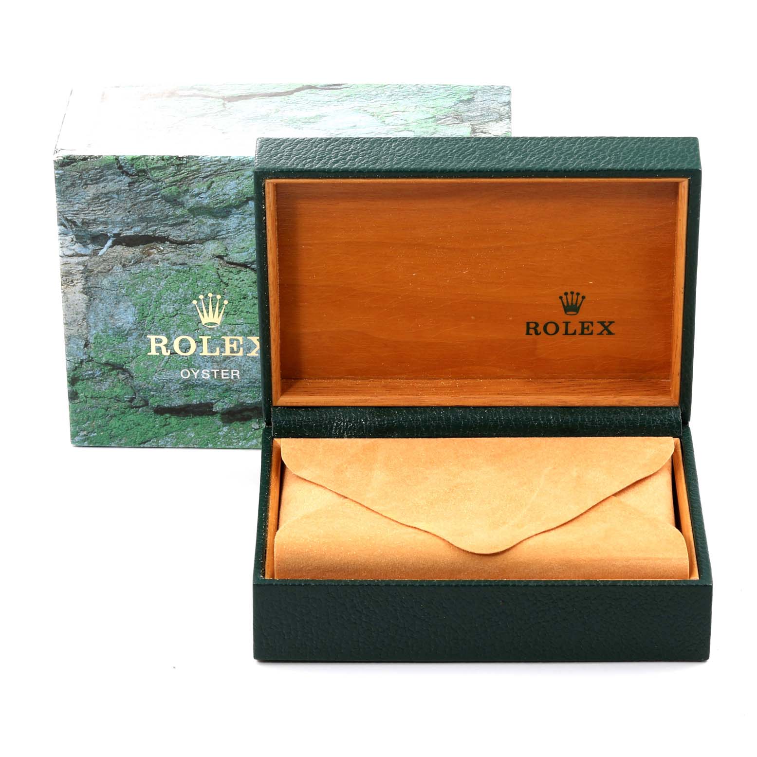 The image shows a Rolex Datejust 16200 Men's Stainless Steel Silver Dial 16200 Men's Stainless Steel Silver Dial watch box and packaging at a front-facing angle, with the box open and the sleeve inside.
