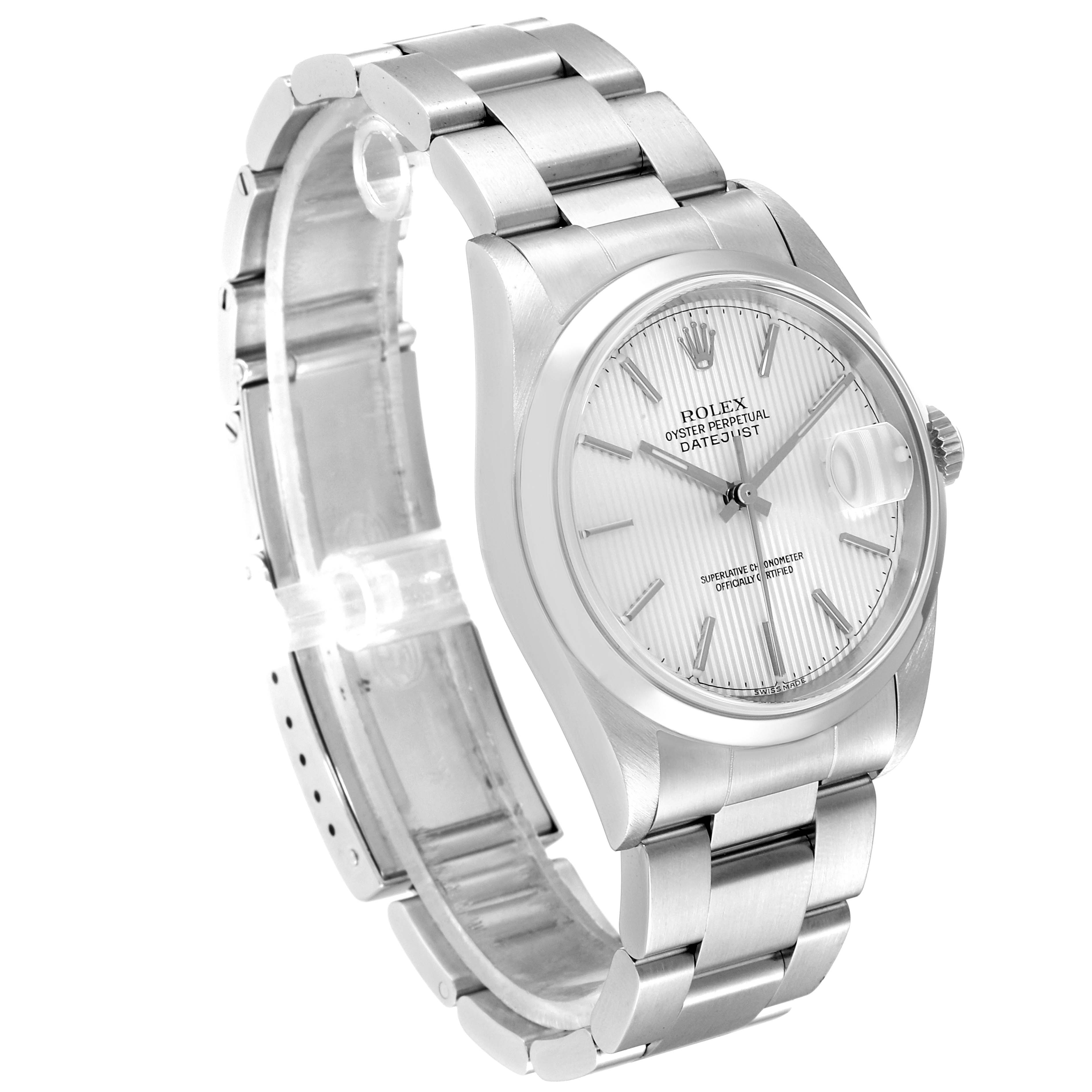 The Rolex Datejust 16200 Men's Stainless Steel Silver Dial 16200 Men's Stainless Steel Silver Dial watch is shown at a slight angle, highlighting the face, bezel, and bracelet.