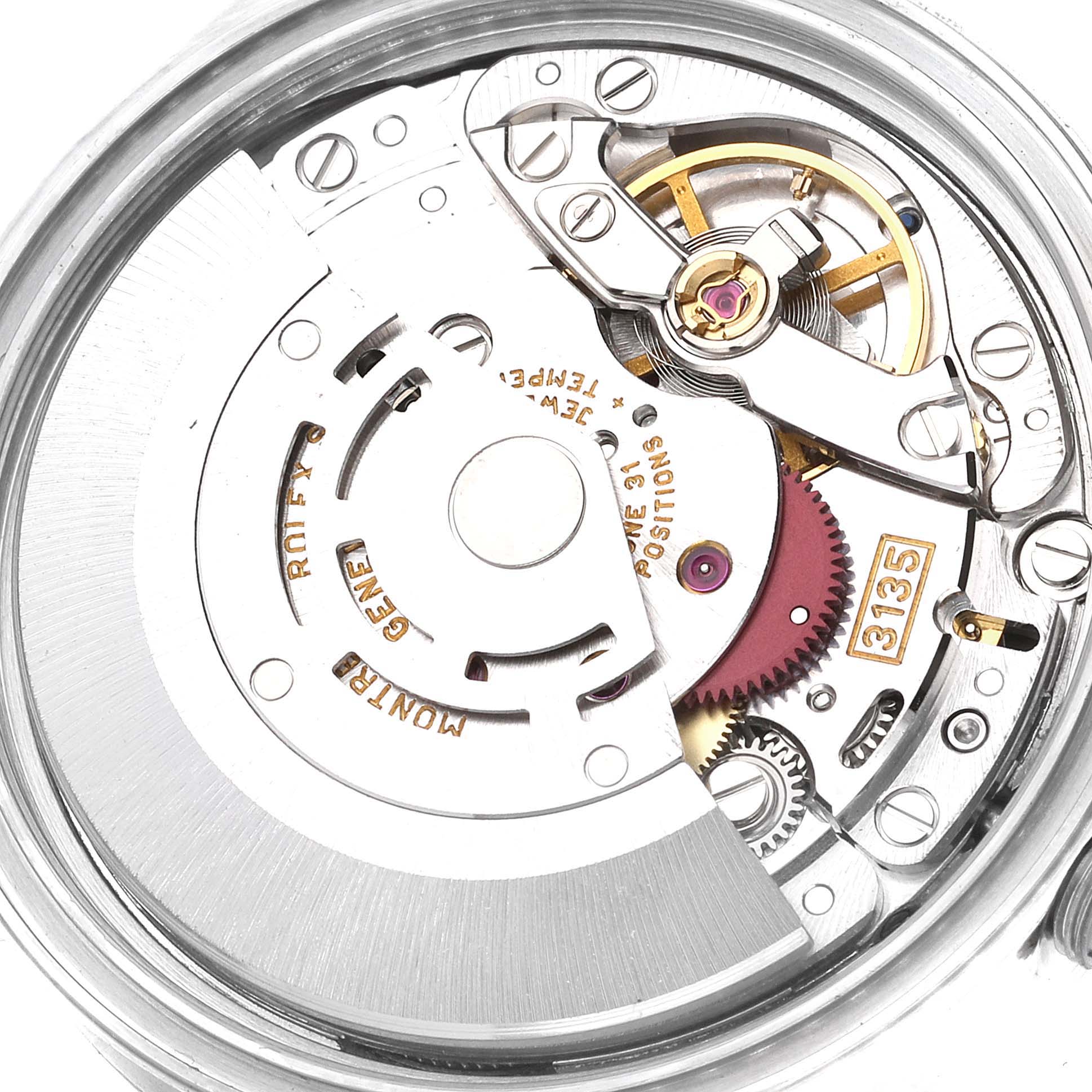 This image shows a close-up view of the movement inside a Rolex Datejust 16200 Men's Stainless Steel Silver Dial 16200 Men's Stainless Steel Silver Dial watch, highlighting its intricate mechanical components.