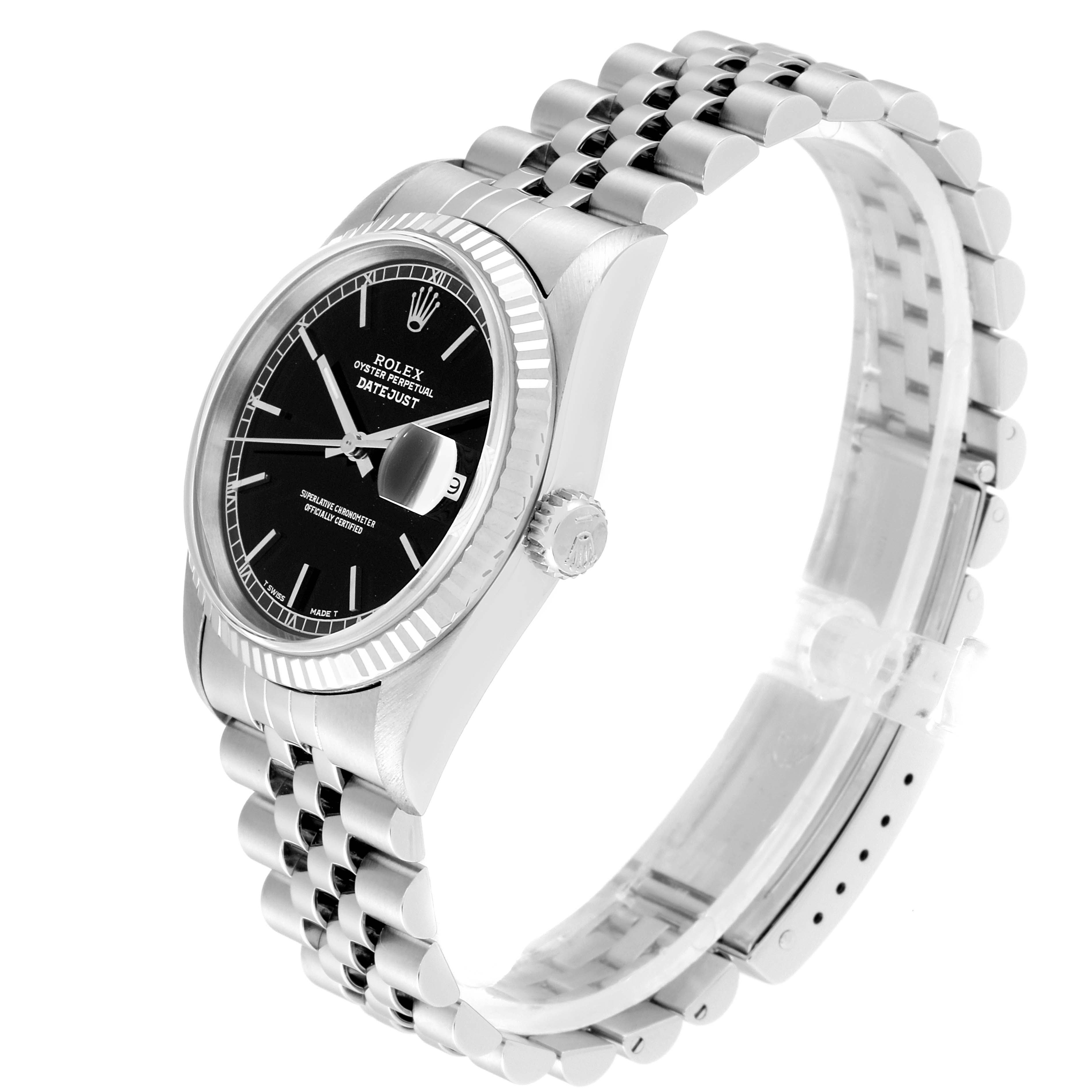 The Rolex Datejust 16234 Men's Stainless Steel Black Dial 16234 Men's Stainless Steel Black Dial model watch is shown at a three-quarter angle, highlighting the face, bezel, crown, and part of the bracelet.