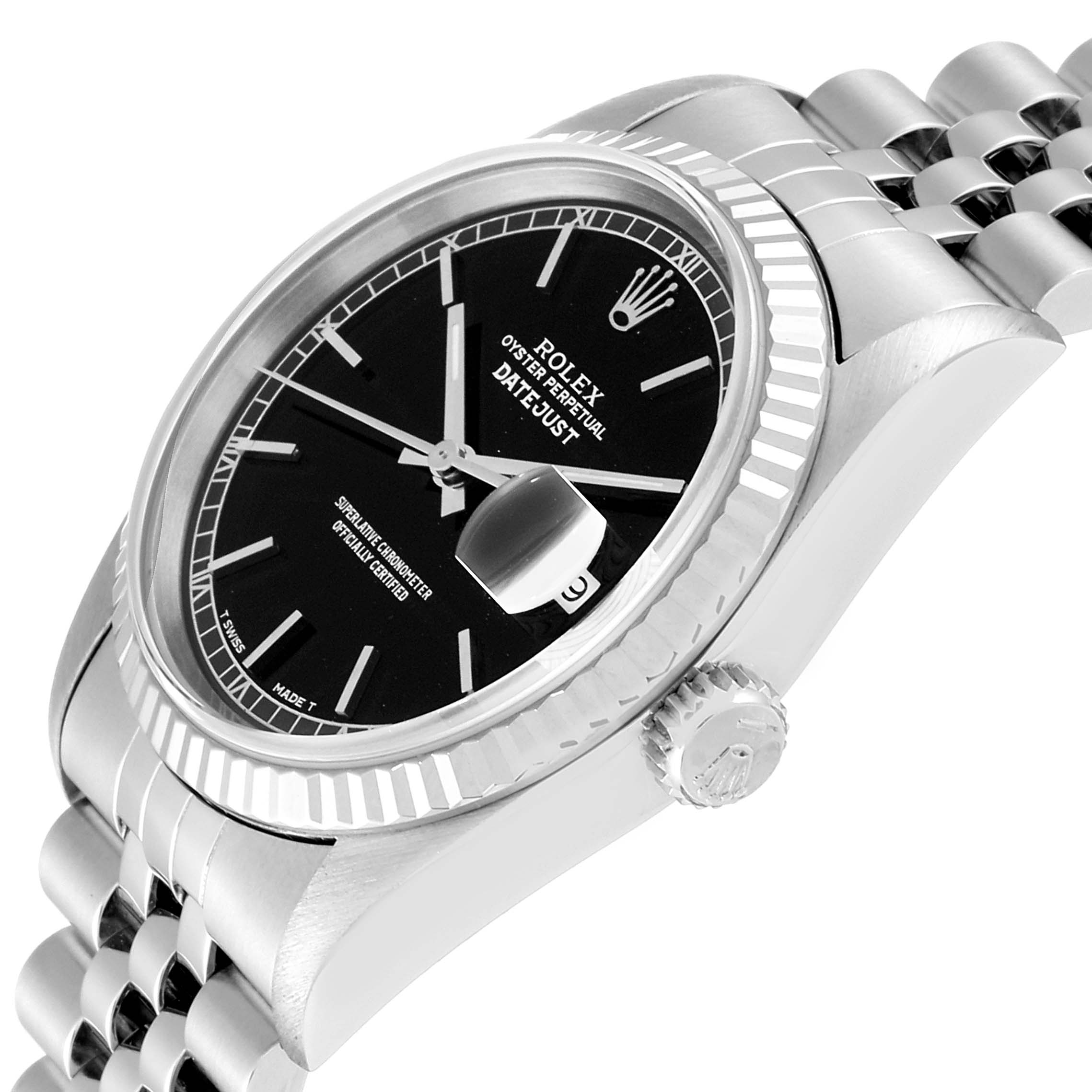 This image shows a side angle of a Rolex Datejust 16234 Men's Stainless Steel Black Dial 16234 Men's Stainless Steel Black Dial wristwatch, featuring its black dial, fluted bezel, crown, and Jubilee bracelet.