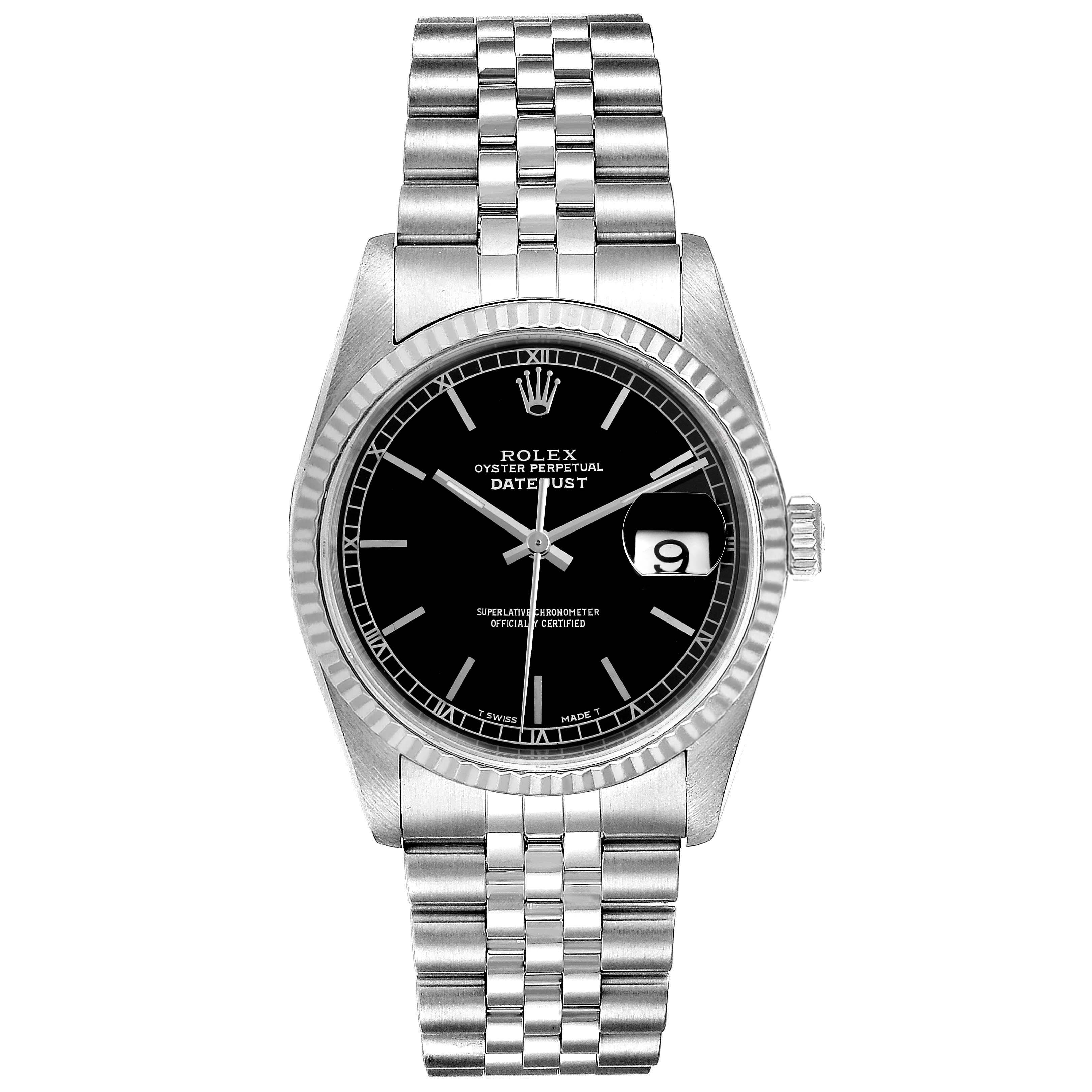The image shows a front view of a Rolex Datejust 16234 Men's Stainless Steel Black Dial 16234 Men's Stainless Steel Black Dial watch, displaying the dial, bezel, crown, and bracelet.