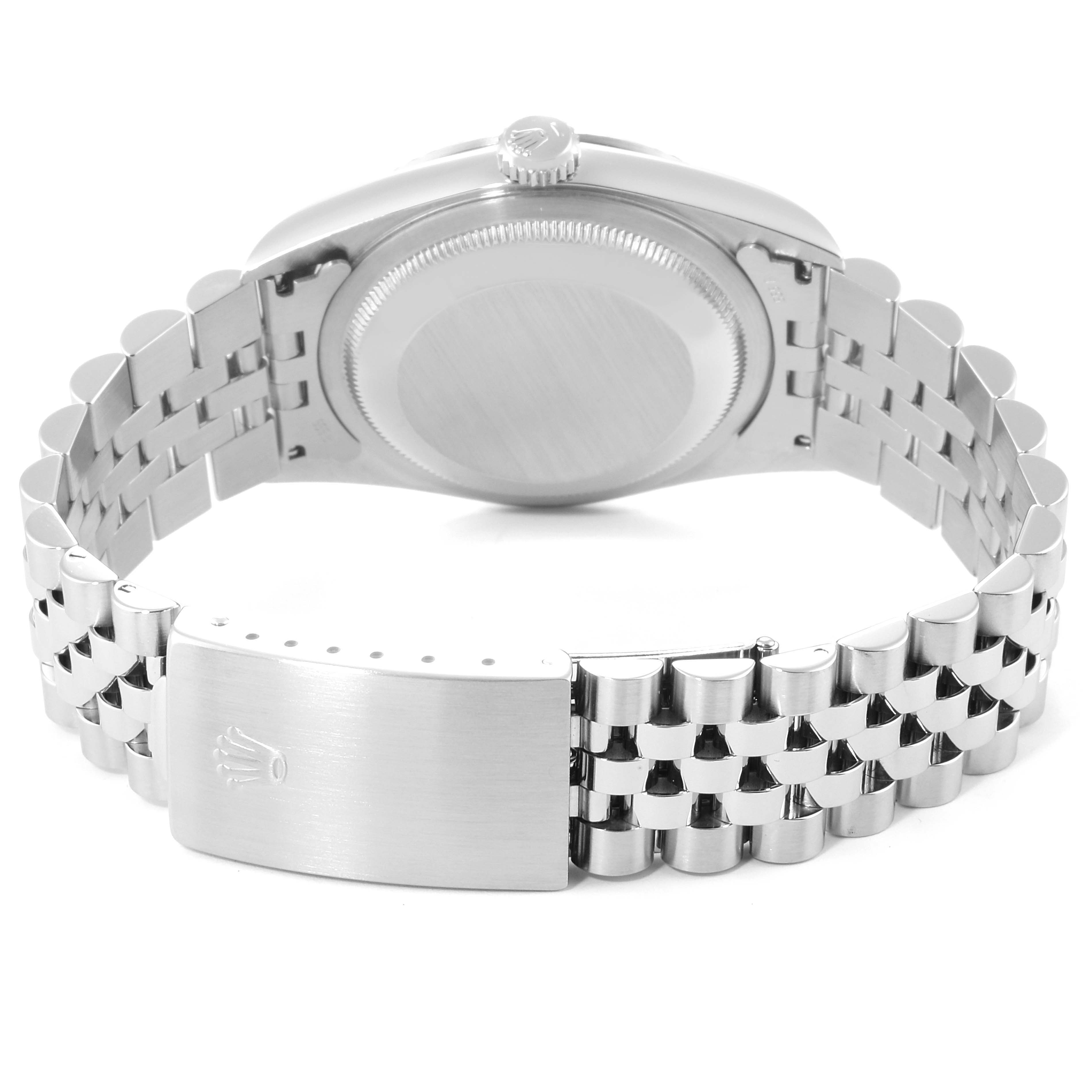 This image shows the back view of a Rolex Datejust 16234 Men's Stainless Steel Black Dial 16234 Men's Stainless Steel Black Dial watch, showcasing the case back, crown, and Jubilee bracelet with a clasp.