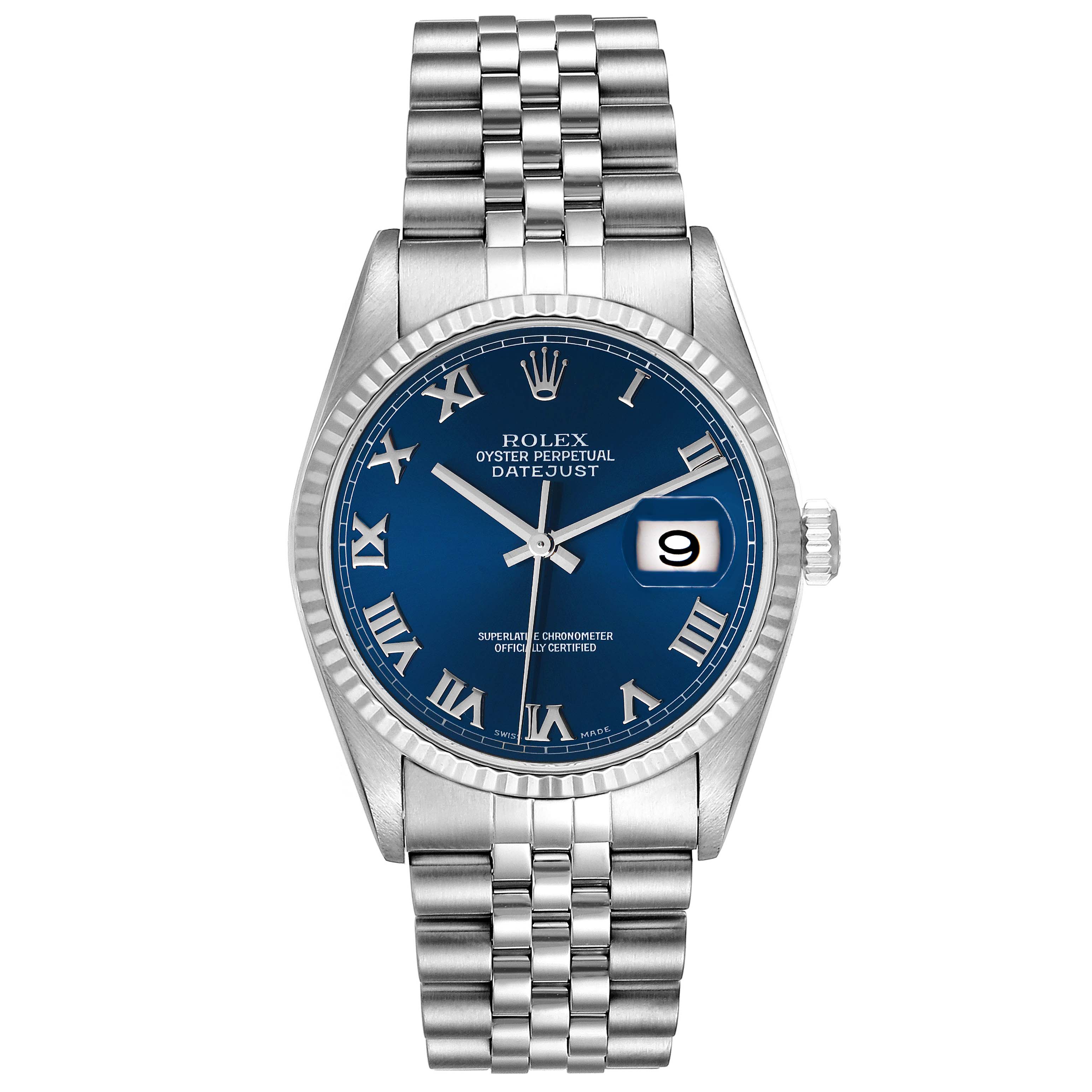 The image shows a front view of a Rolex Datejust 16234 Men's Stainless Steel Blue Dial 16234 Men's Stainless Steel Blue Dial watch, highlighting its blue dial, Roman numeral hour markers, and Jubilee bracelet.