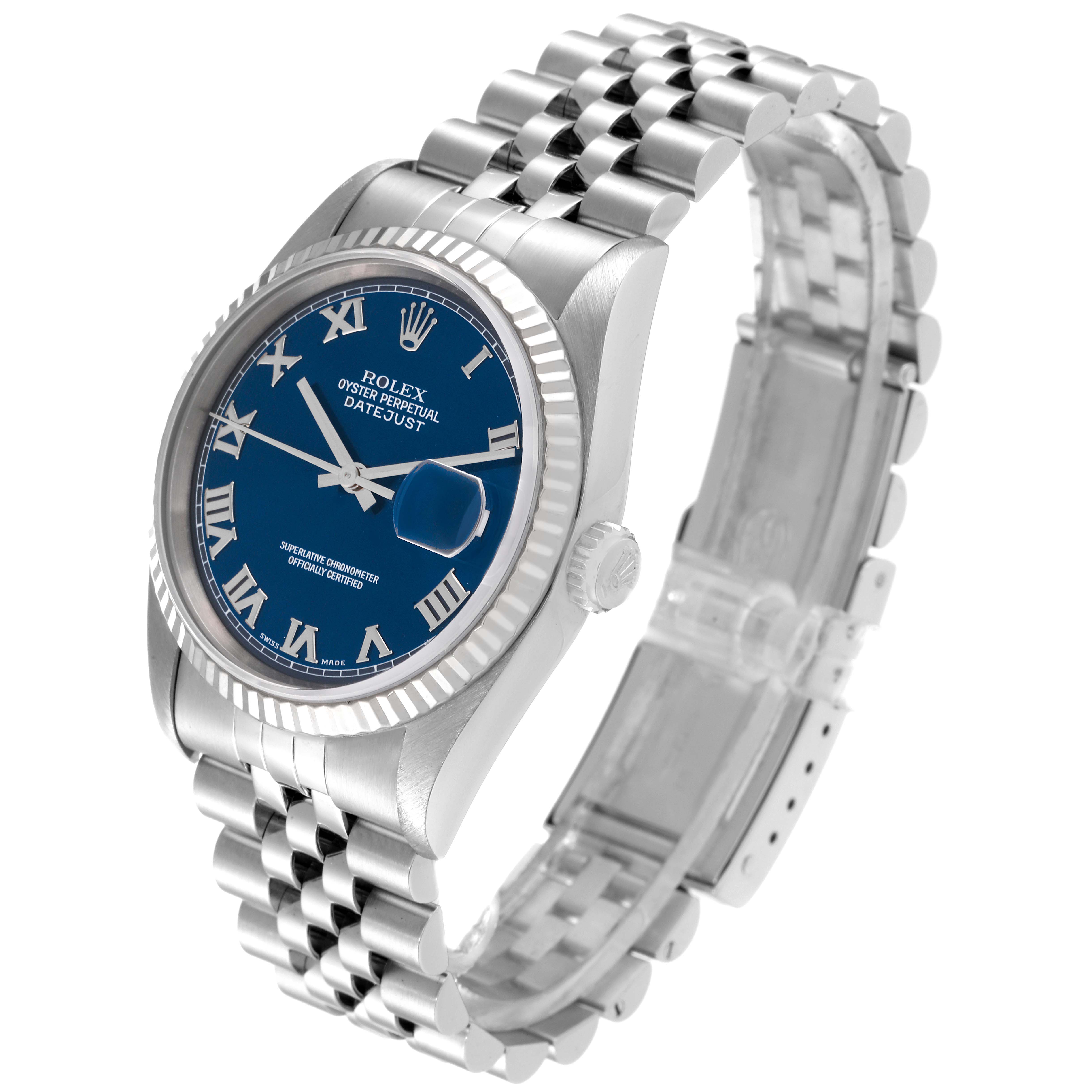 The Rolex Datejust 16234 Men's Stainless Steel Blue Dial 16234 Men's Stainless Steel Blue Dial watch is angled to show the face, bezel, crown, and full bracelet.