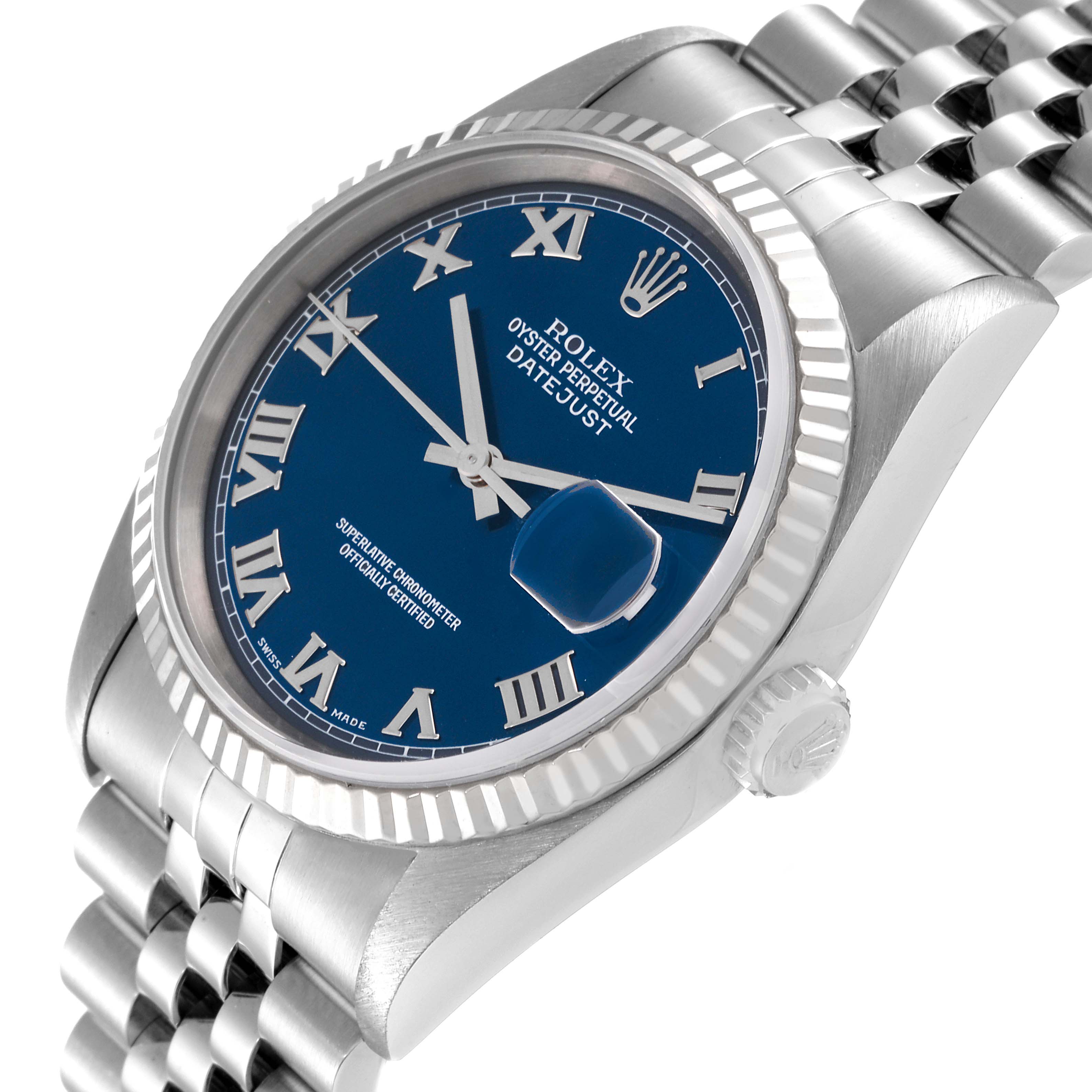 The Rolex Datejust 16234 Men's Stainless Steel Blue Dial 16234 Men's Stainless Steel Blue Dial watch is shown at a tilted angle, highlighting its blue dial, fluted bezel, and Jubilee bracelet.