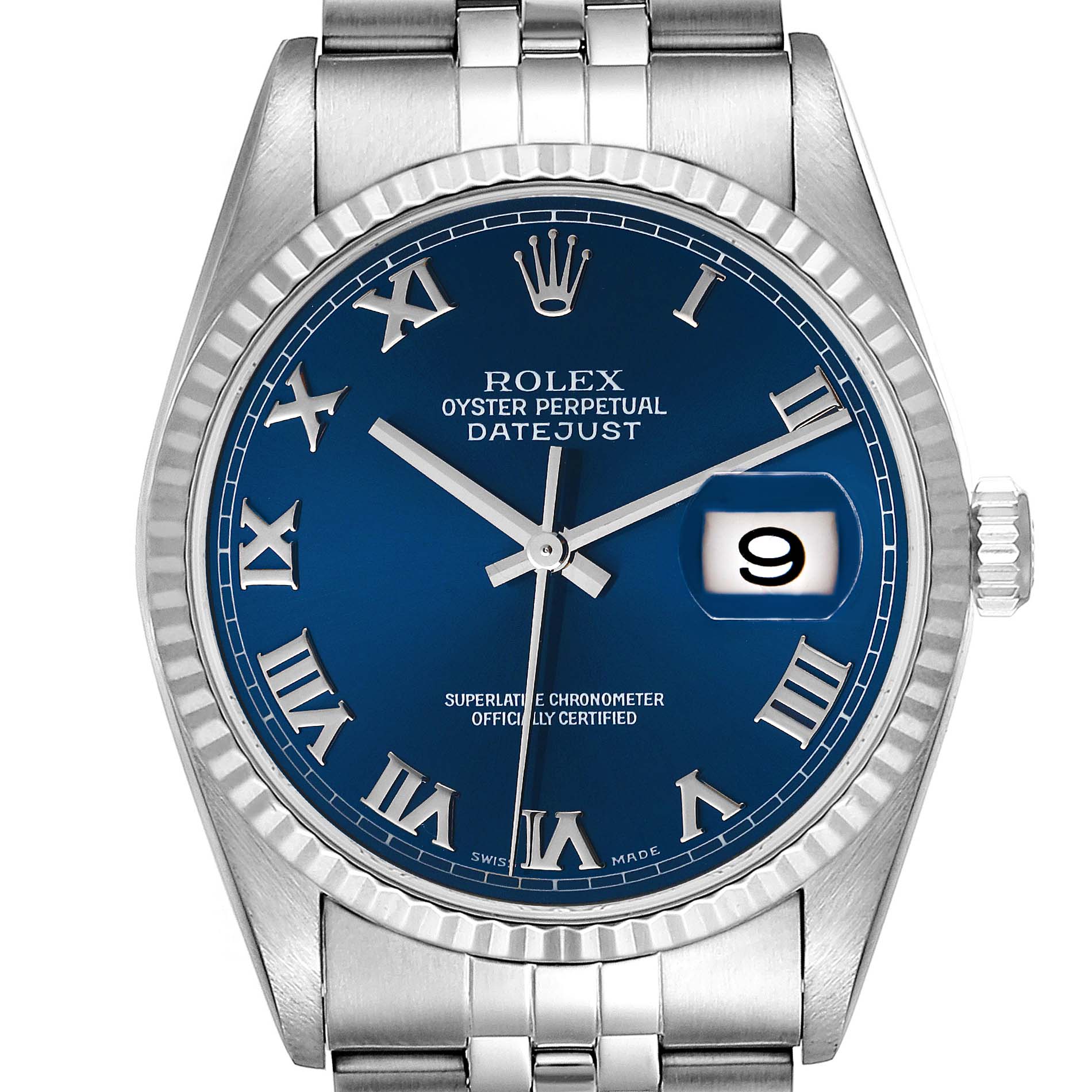 This image shows a front view of a Rolex Datejust 16234 Men's Stainless Steel Blue Dial 16234 Men's Stainless Steel Blue Dial, highlighting its blue dial, Roman numerals, and stainless steel bracelet.