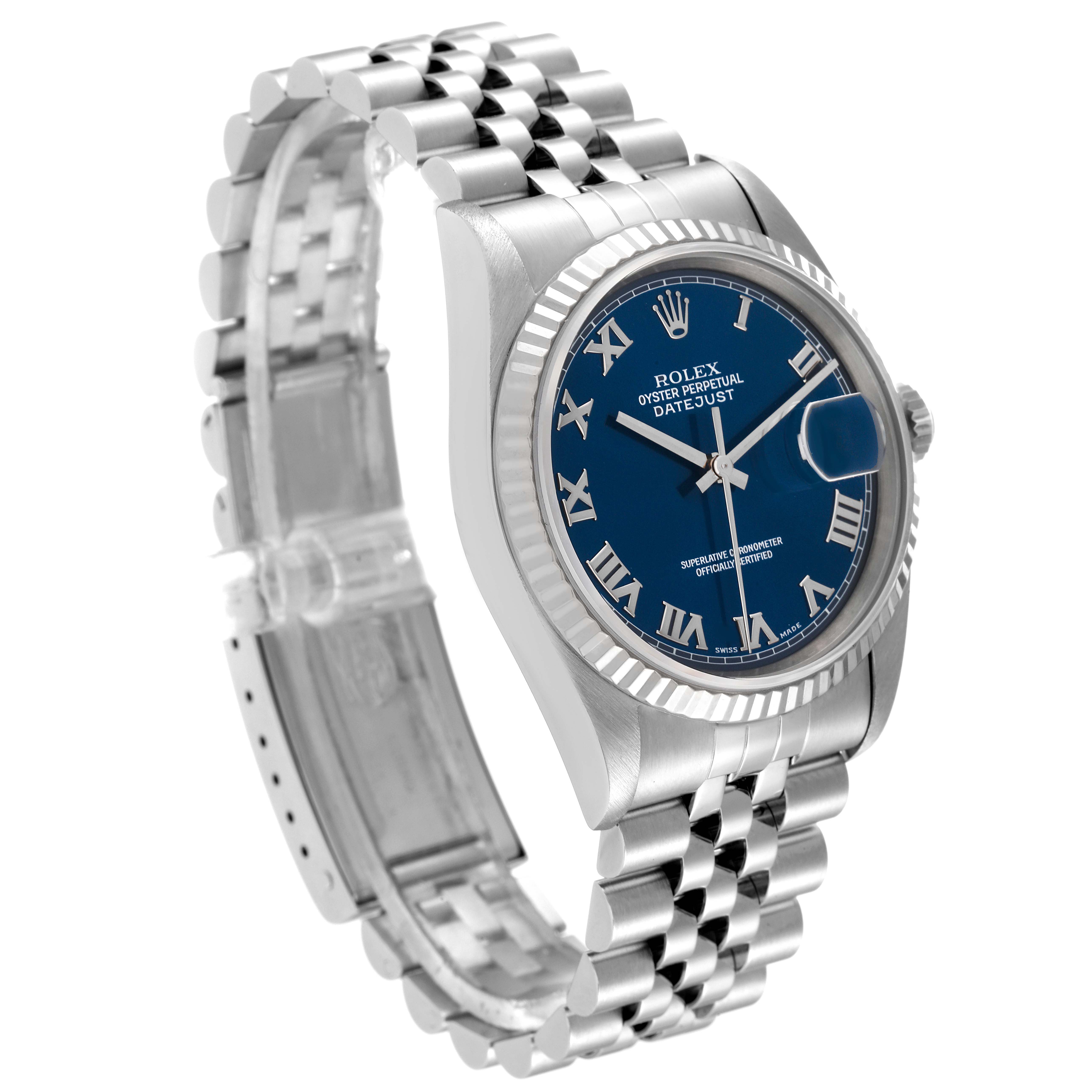 The image shows a Rolex Datejust 16234 Men's Stainless Steel Blue Dial 16234 Men's Stainless Steel Blue Dial watch from a 3/4 angle, highlighting the blue dial, fluted bezel, and jubilee bracelet.