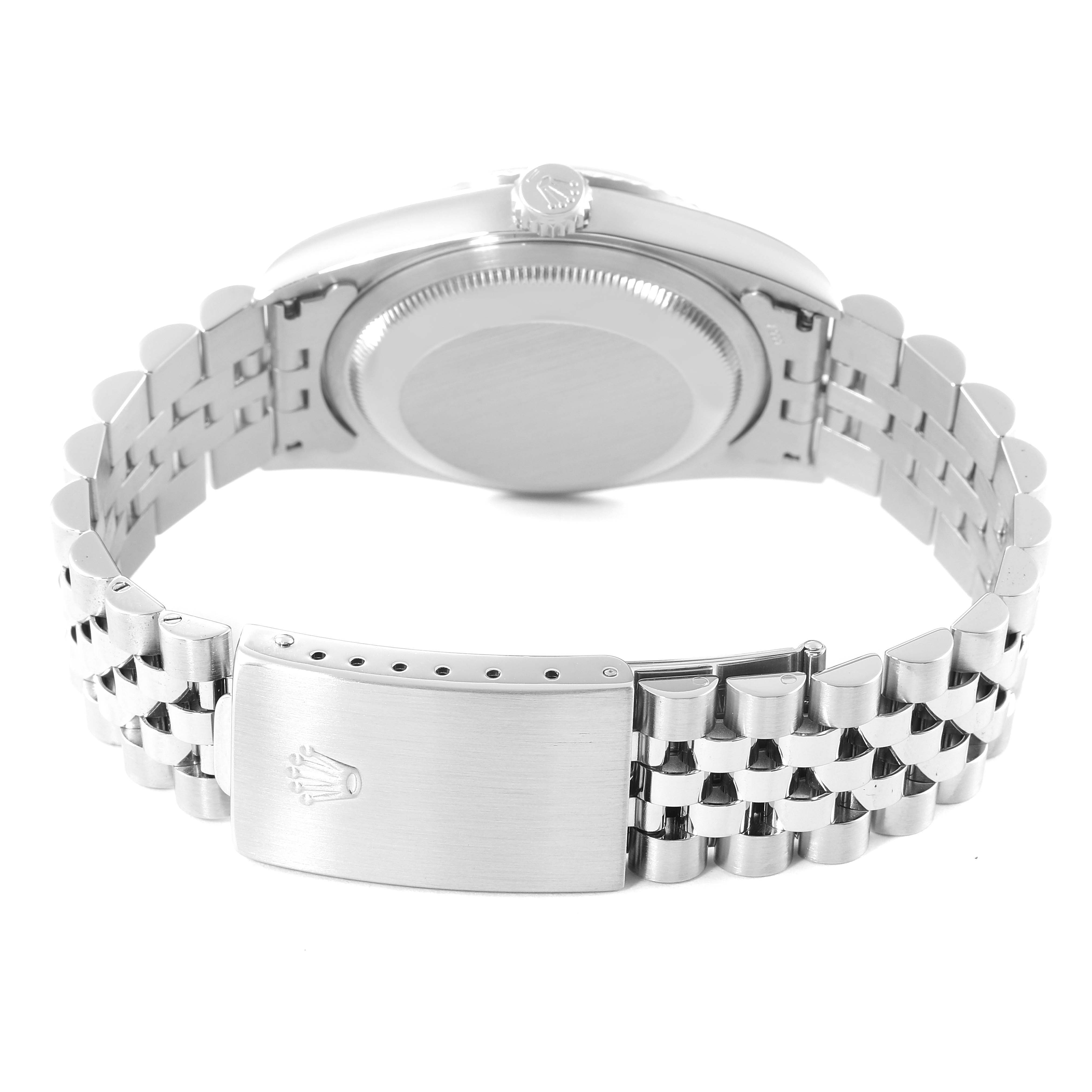 The image shows the back view of a Rolex Datejust 16234 Men's Stainless Steel Blue Dial 16234 Men's Stainless Steel Blue Dial watch, highlighting the clasp and bracelet.