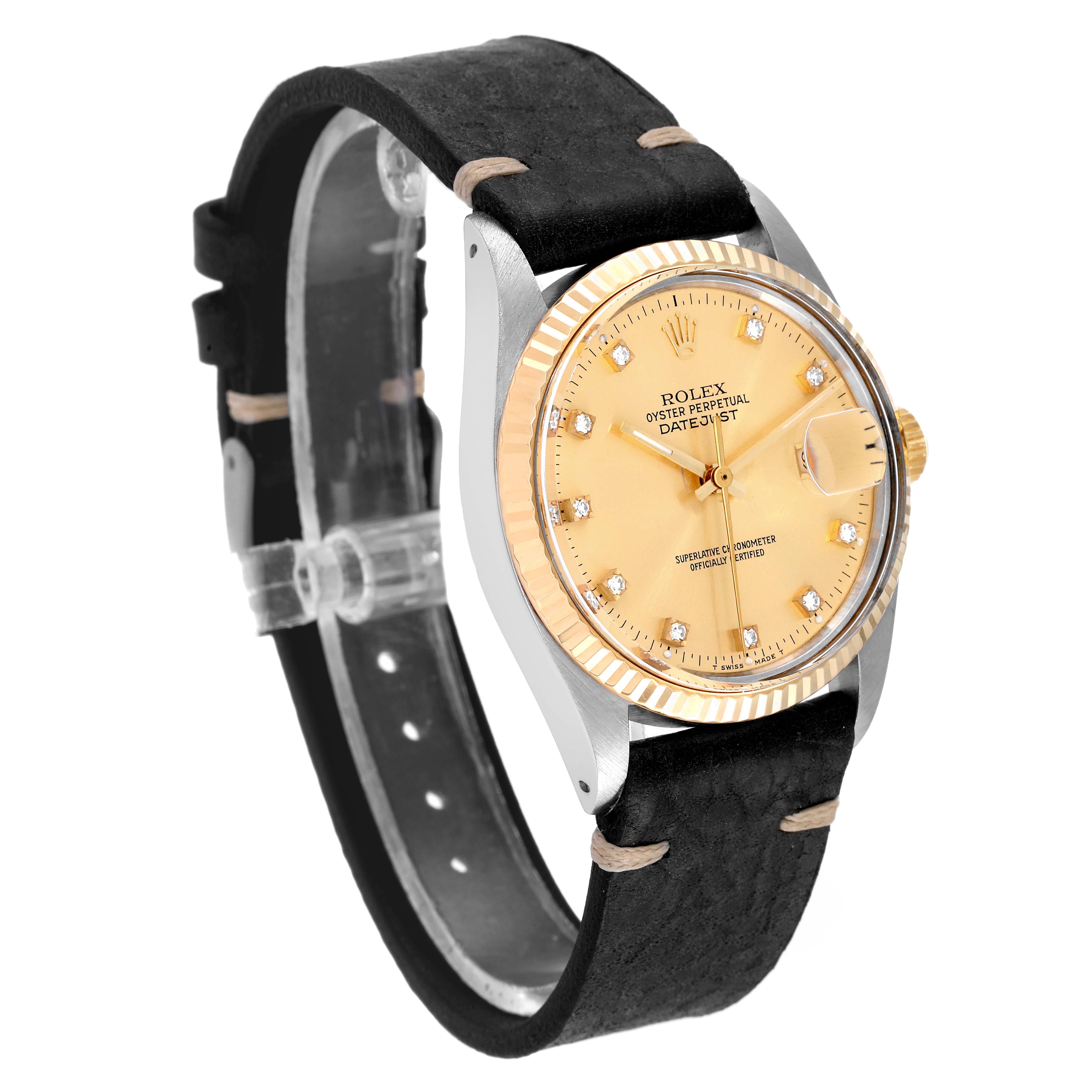 The image shows a frontal view of the Rolex Vintage Collection 16013 Men's Steel and Gold (two tone) Champagne Dial 16013 Men's Steel and Gold (two tone) Champagne Dial watch, highlighting its gold dial, fluted bezel, and black leather strap.