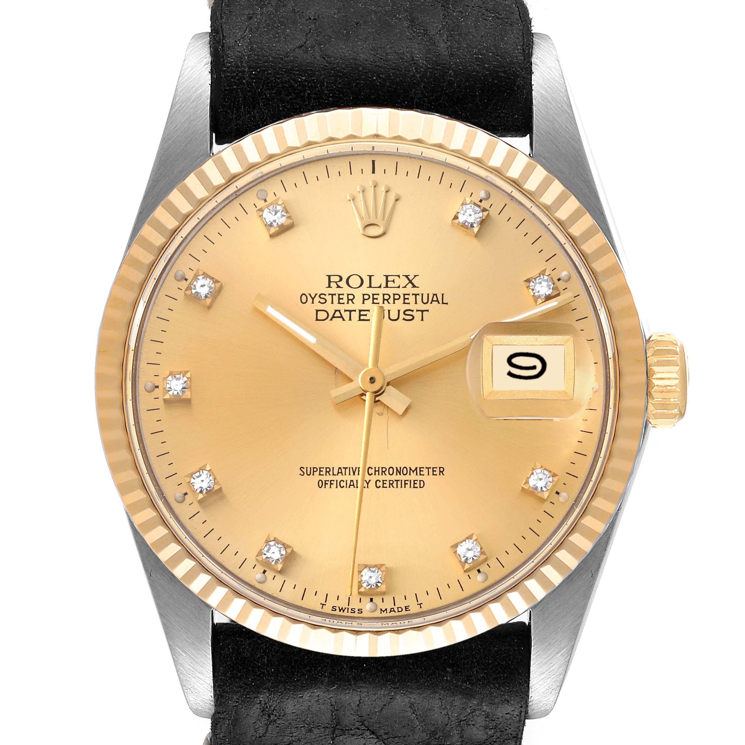 The image shows a close-up front view of a Rolex Vintage Collection 16013 Men's Steel and Gold (two tone) Champagne Dial 16013 Men's Steel and Gold (two tone) Champagne Dial Datejust watch, highlighting the dial, hands, date window, and bezel.