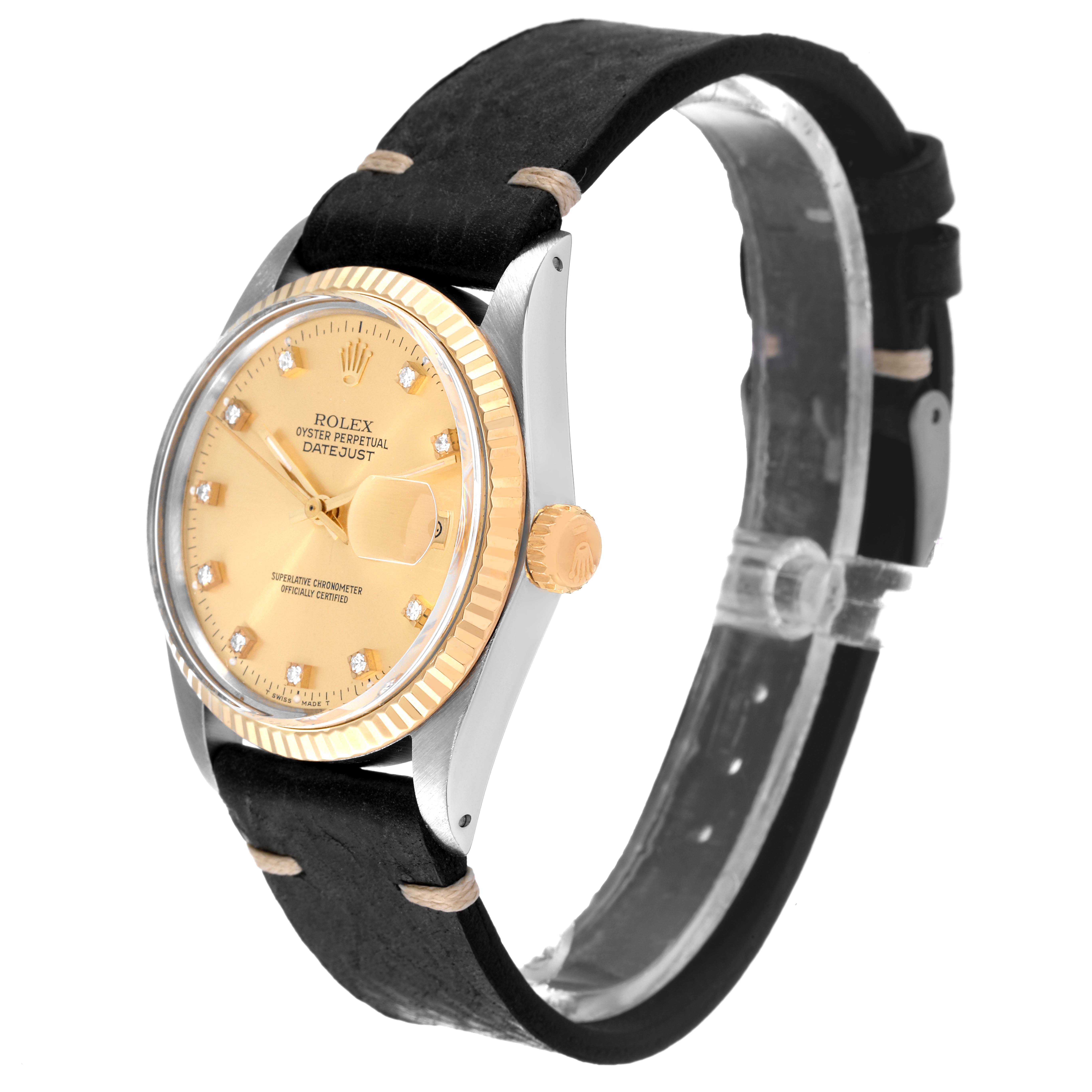 The image shows a side view of the Rolex Vintage Collection 16013 Men's Steel and Gold (two tone) Champagne Dial 16013 Men's Steel and Gold (two tone) Champagne Dial Datejust watch, highlighting its leather strap, gold bezel, and face.