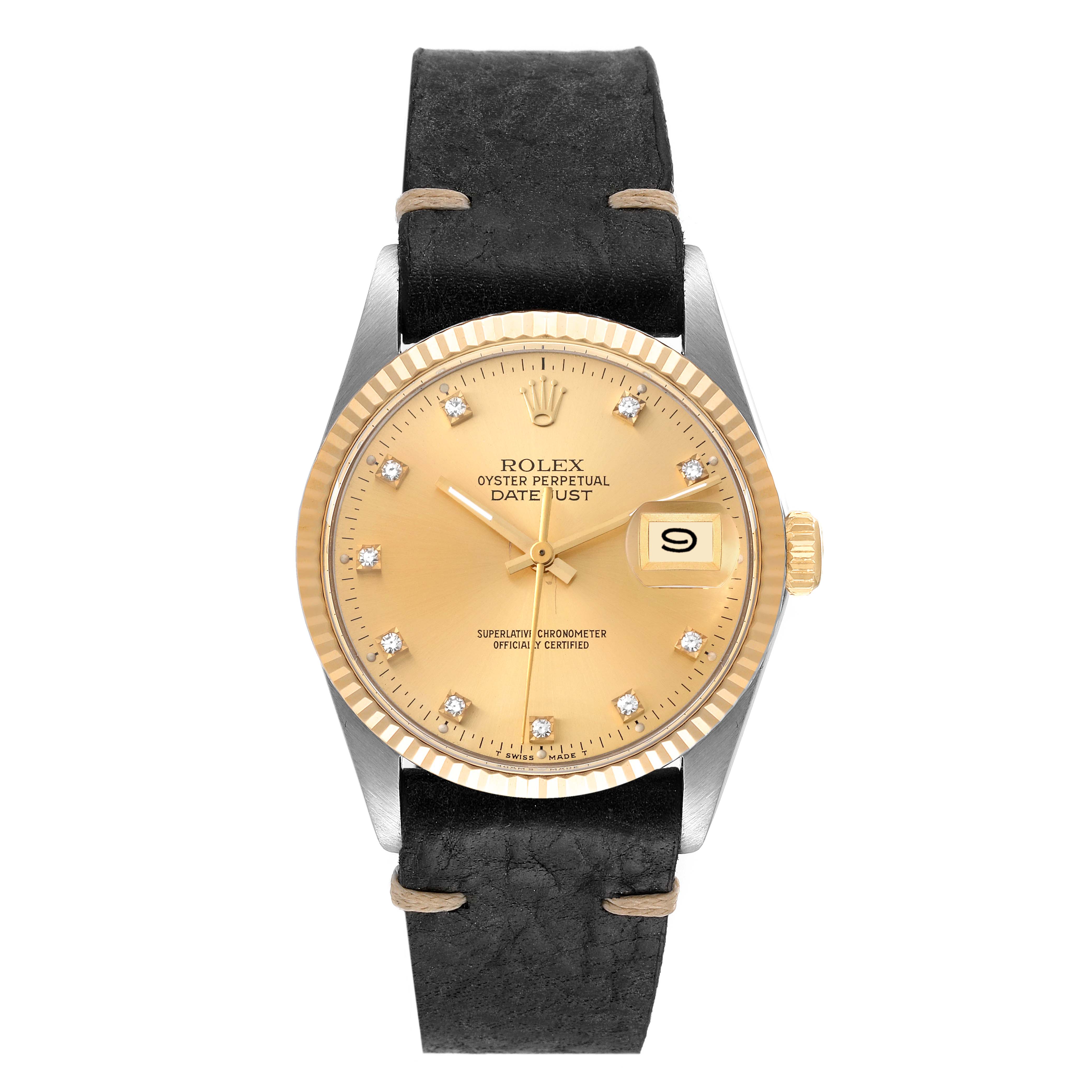This is a front view of the Rolex Vintage Collection 16013 Men's Steel and Gold (two tone) Champagne Dial 16013 Men's Steel and Gold (two tone) Champagne Dial model watch, showing the dial, bezel, crown, and leather strap.
