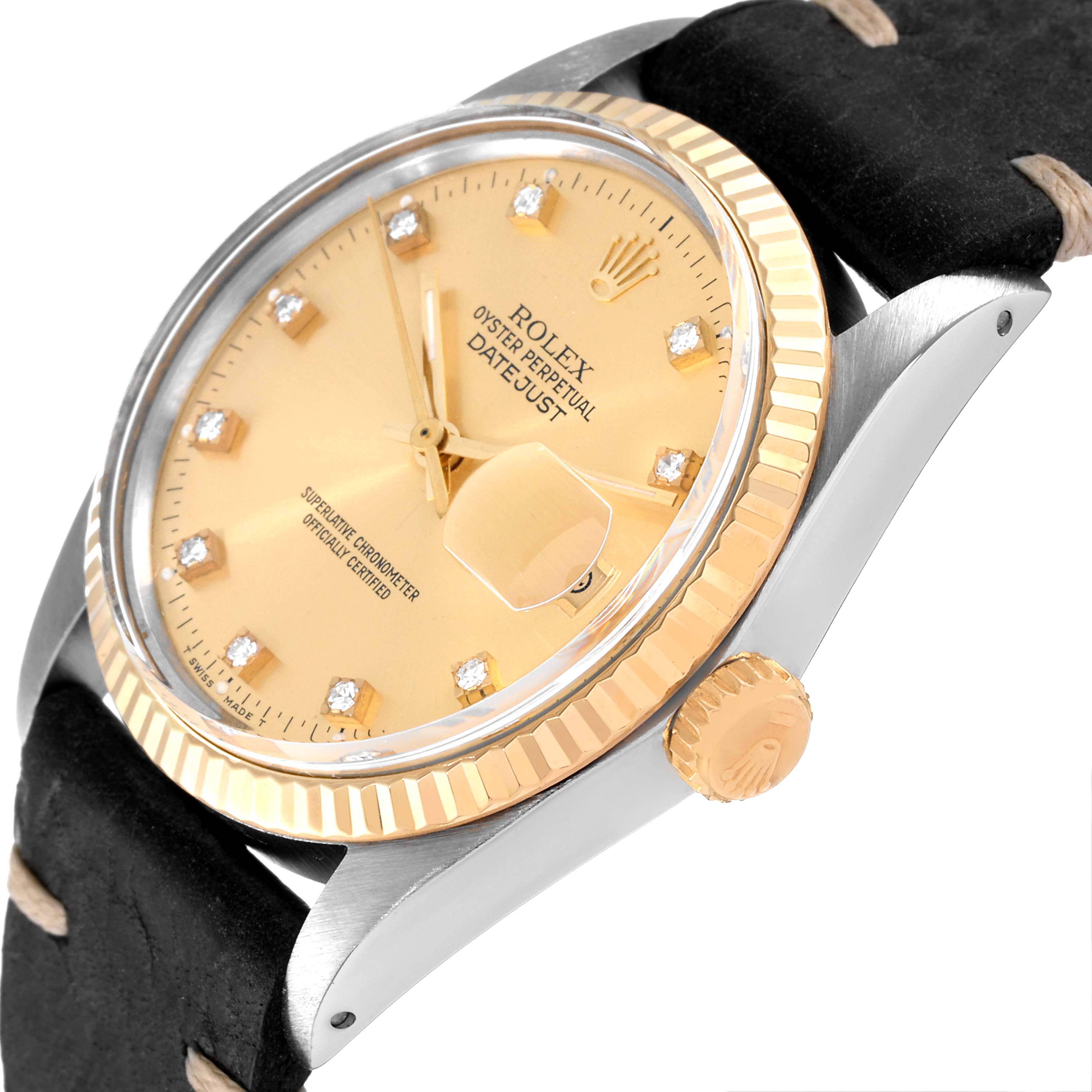 The image shows a side angle of a Rolex Vintage Collection 16013 Men's Steel and Gold (two tone) Champagne Dial 16013 Men's Steel and Gold (two tone) Champagne Dial watch, highlighting the face, crown, bezel, and part of the strap.