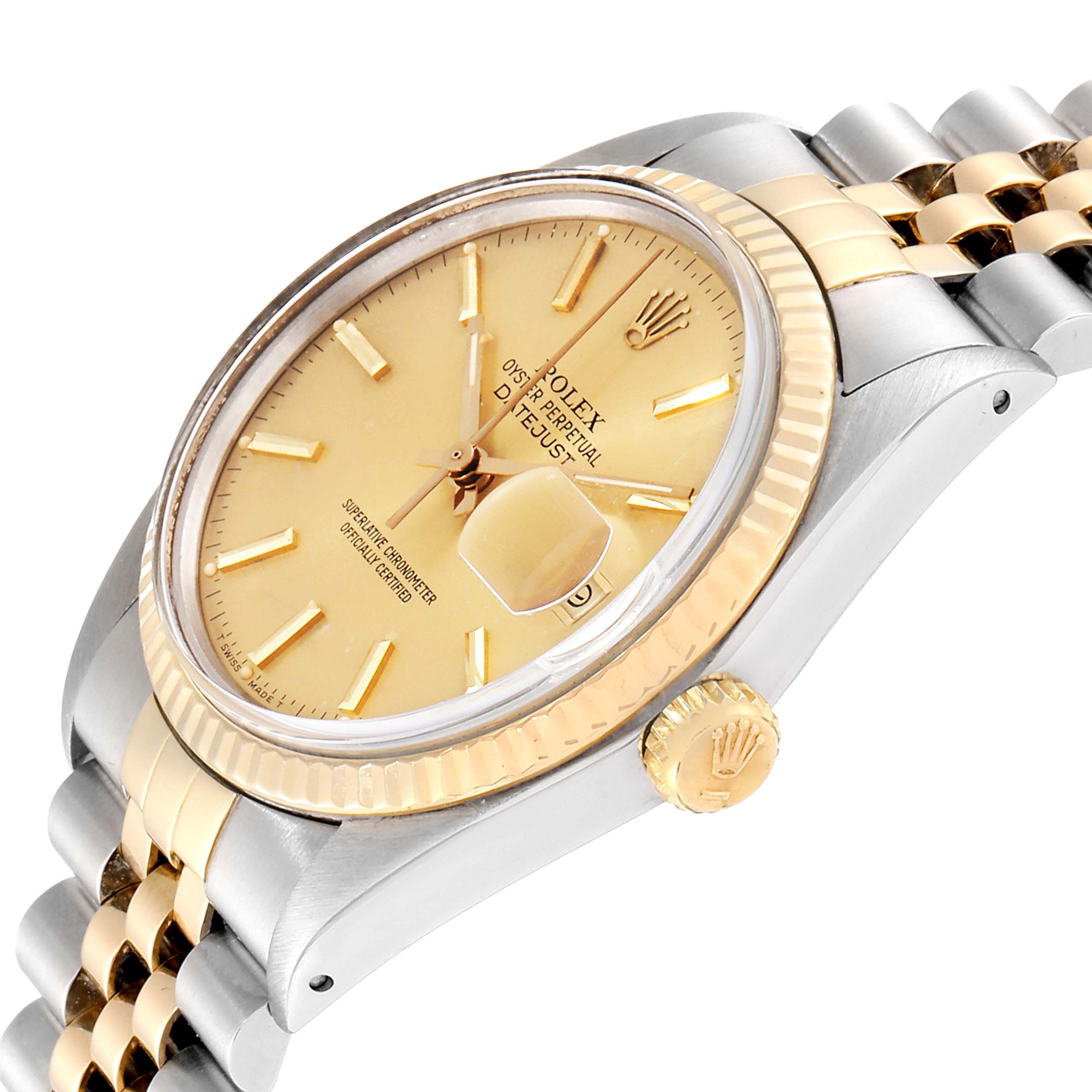 The image shows a Rolex Vintage Collection 16013 Men's Steel and Gold (two tone) Champagne Dial 16013 Men's Steel and Gold (two tone) Champagne Dial model watch at an angle highlighting its gold and silver casing, dial, and bracelet.