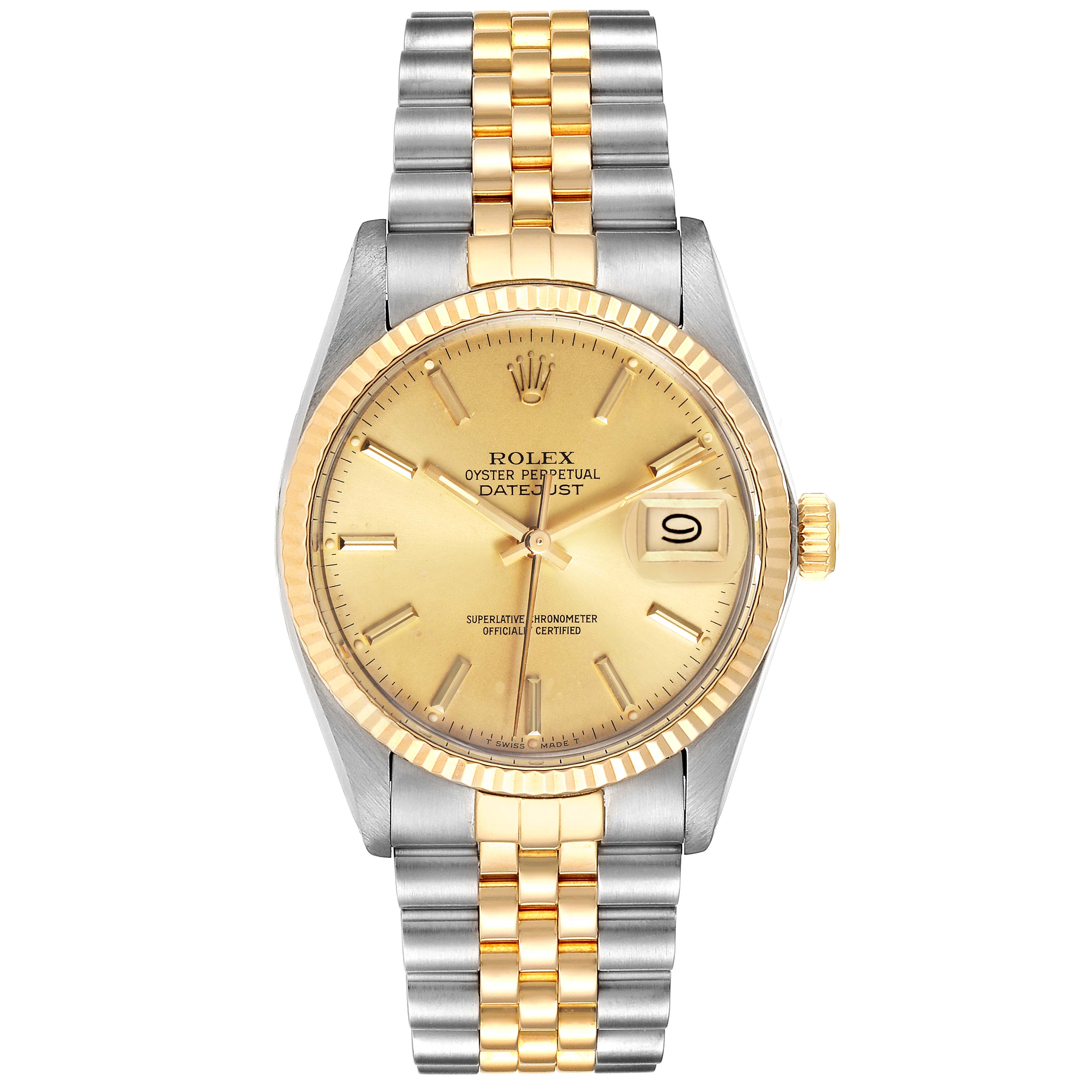 This image shows the front view of a Rolex Vintage Collection 16013 Men's Steel and Gold (two tone) Champagne Dial 16013 Men's Steel and Gold (two tone) Champagne Dial model watch, featuring a gold and silver bracelet and date display.