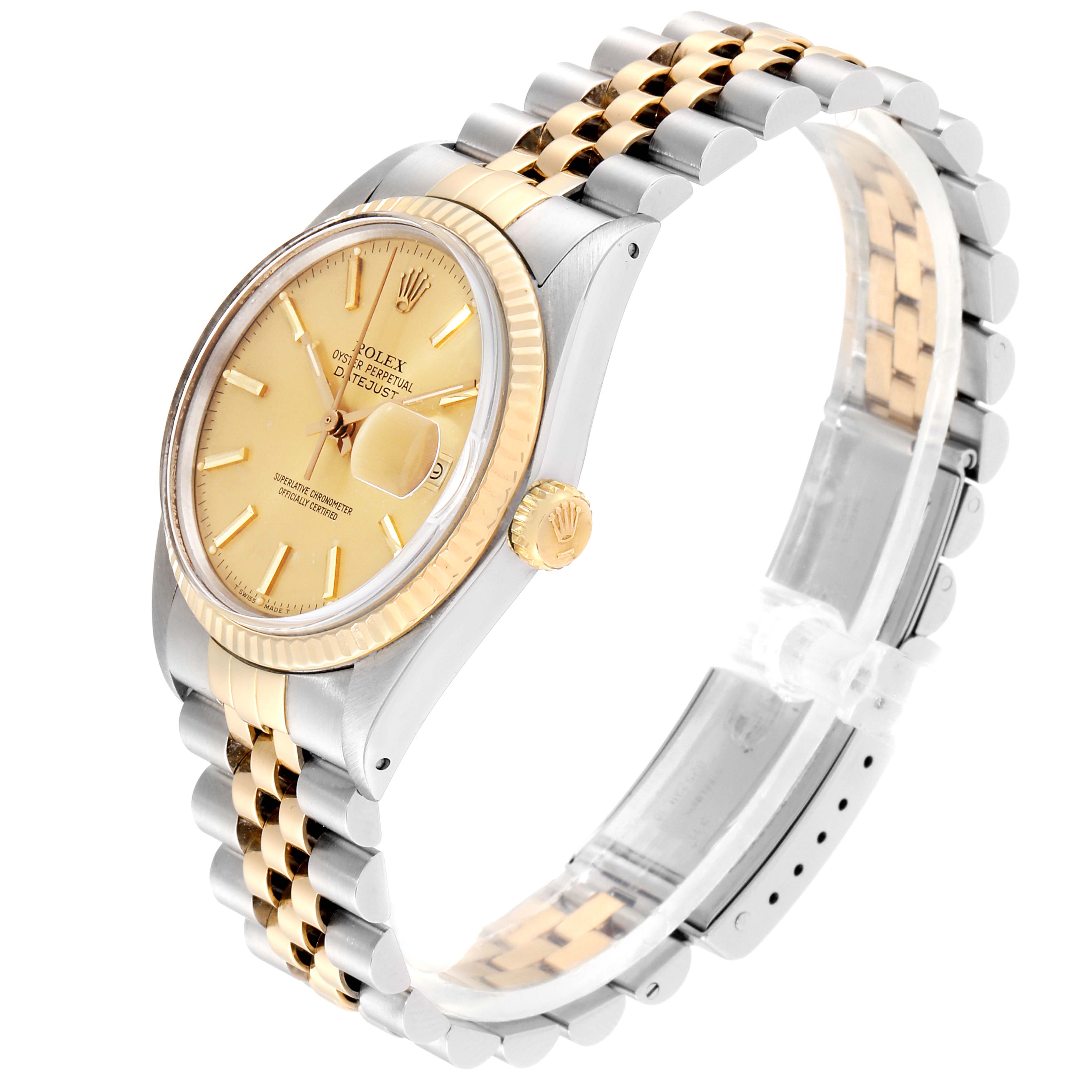 The image shows a Rolex Vintage Collection 16013 Men's Steel and Gold (two tone) Champagne Dial 16013 Men's Steel and Gold (two tone) Champagne Dial watch at a three-quarter angle, highlighting the gold bezel, crown, and two-tone bracelet.