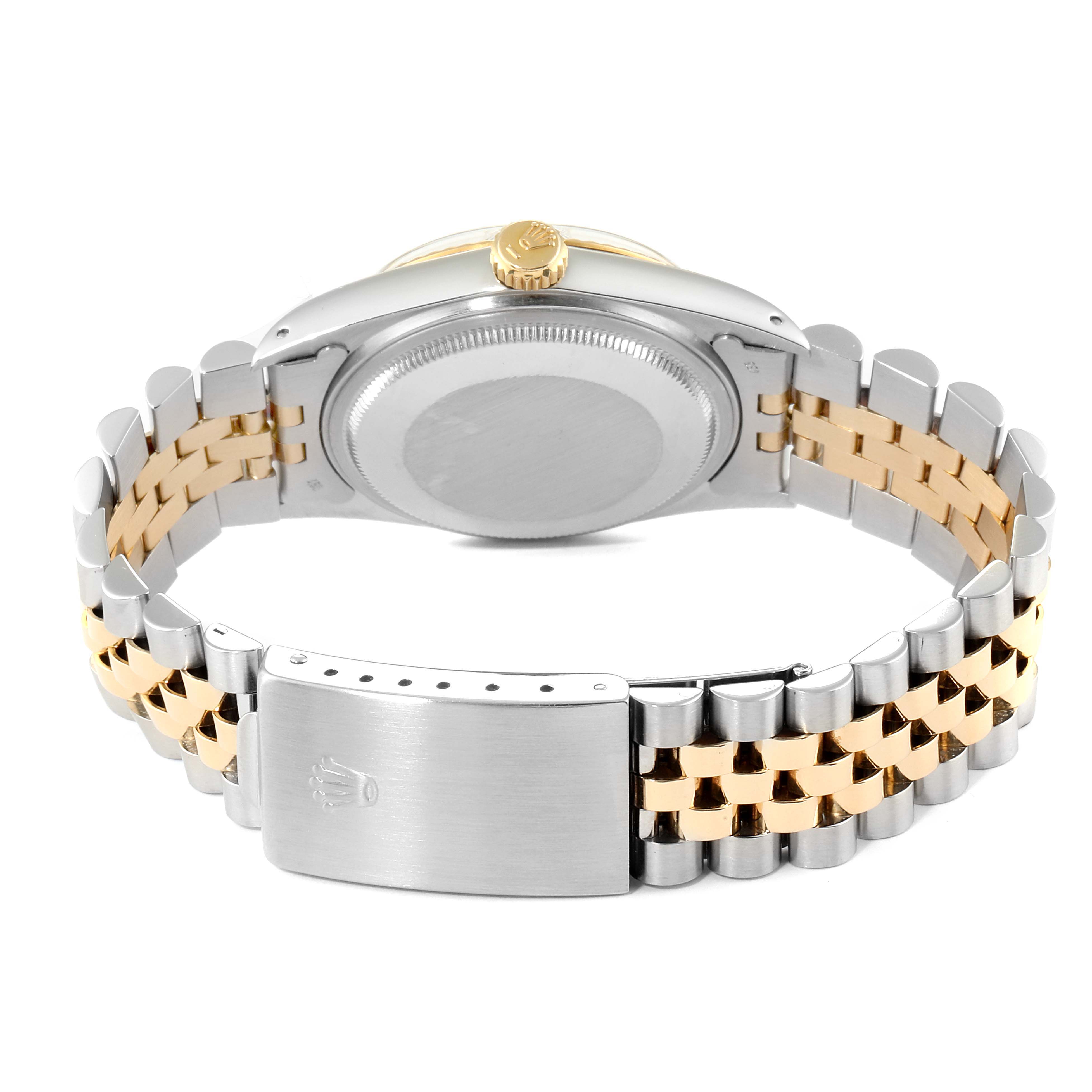 The image shows the back view of the Rolex Vintage Collection 16013 Men's Steel and Gold (two tone) Champagne Dial 16013 Men's Steel and Gold (two tone) Champagne Dial watch, highlighting the caseback, crown, and Jubilee bracelet with a clasp.