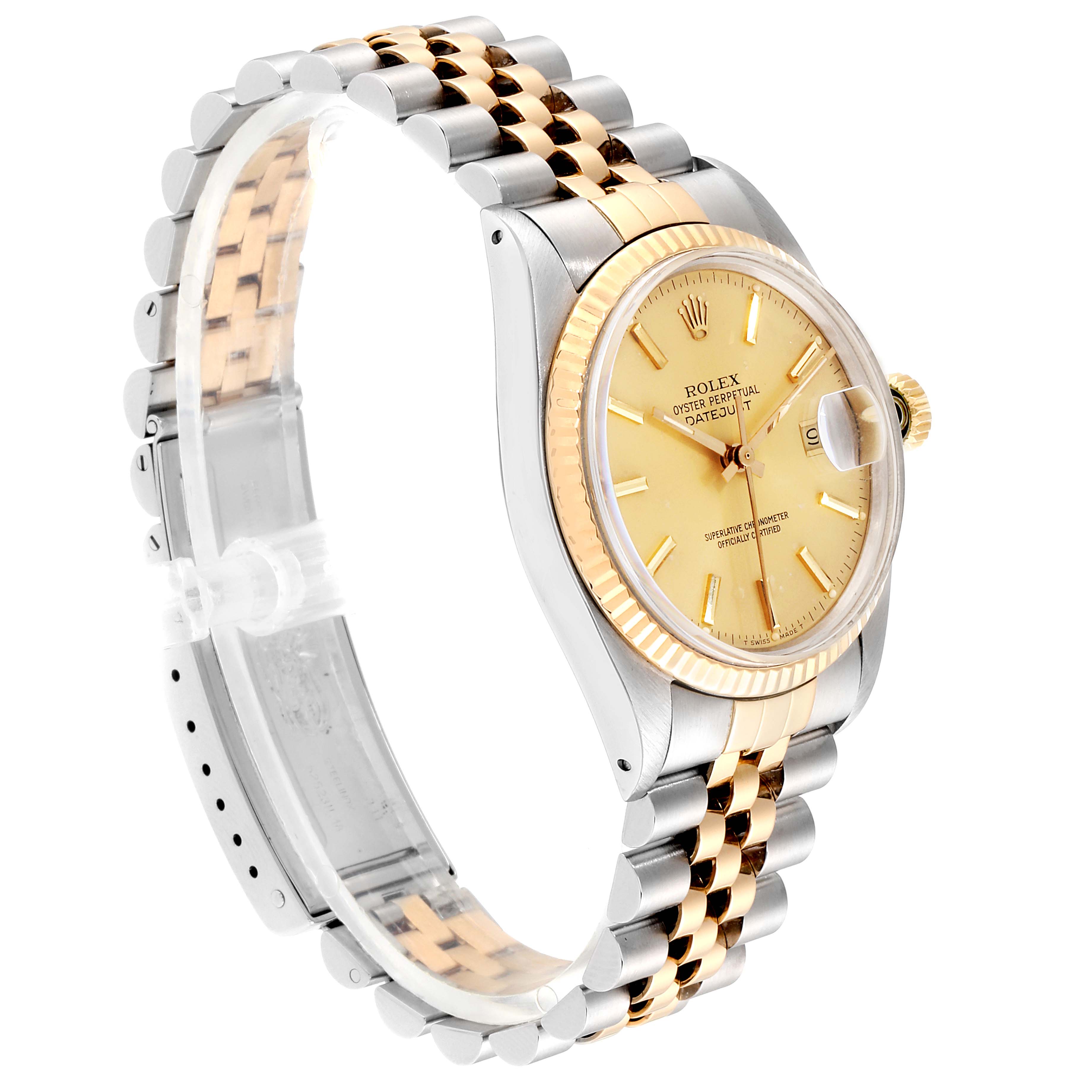 This image shows a side angle of the Vintage Collection Rolex watch, displaying its gold face, bezel, and two-tone bracelet.