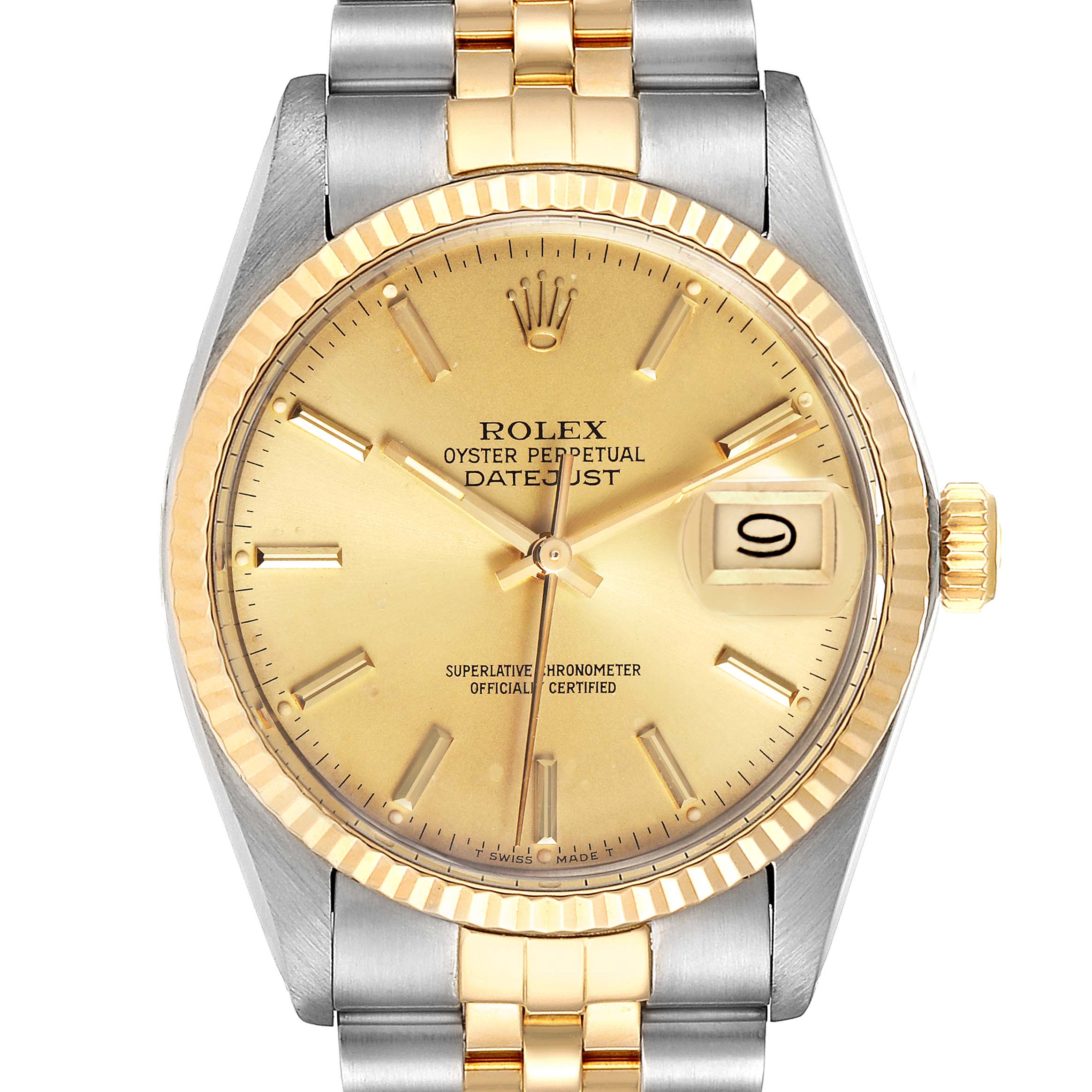 The image shows a frontal view of a Vintage Collection Rolex Datejust watch, highlighting the dial, hands, bezel, and part of the bracelet.
