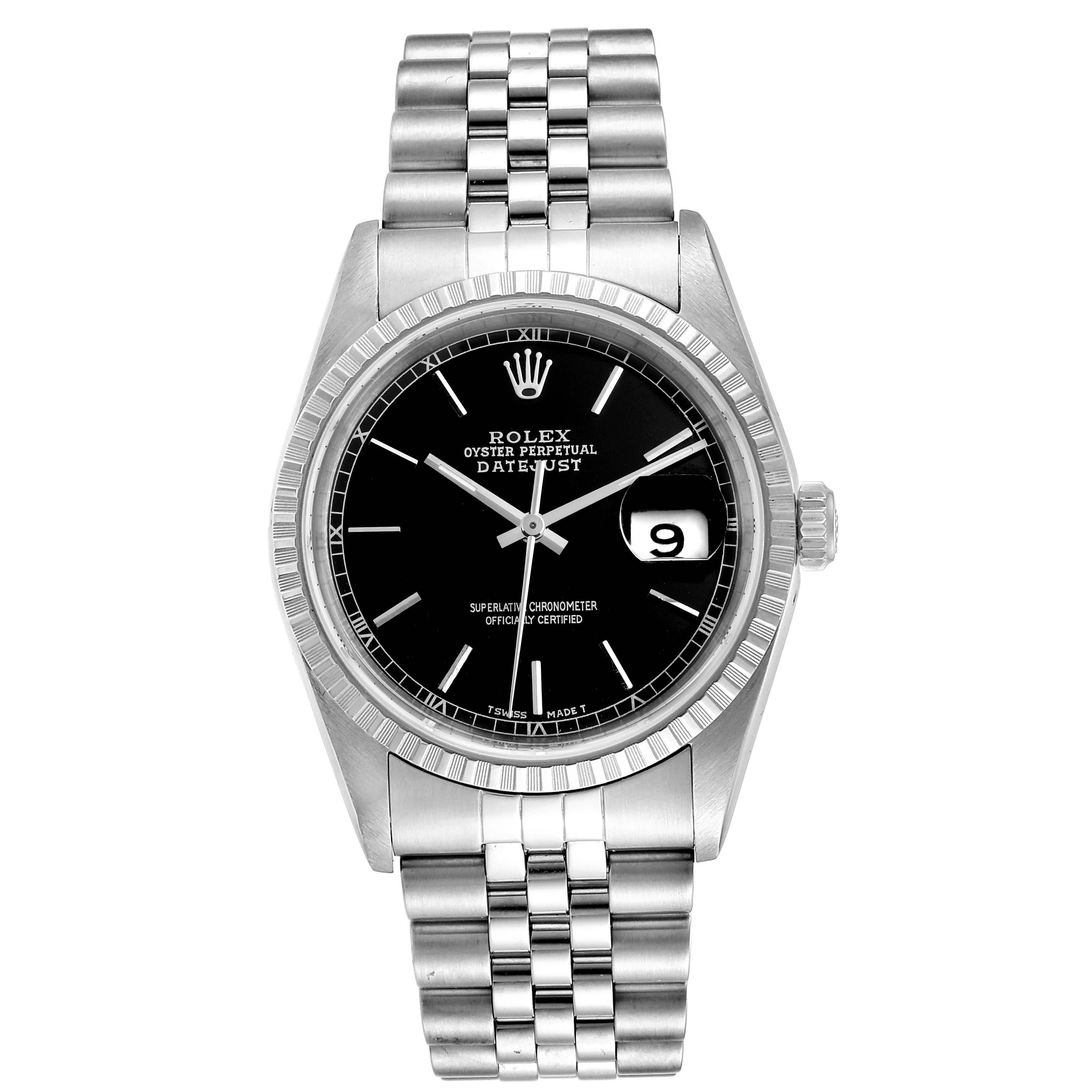 This Rolex Datejust 16220 Men
s Stainless Steel Black Dial 16220 Men
s Stainless Steel Black Dial watch is shown from a front angle, highlighting the black dial, date window, bezel, and stainless steel bracelet.